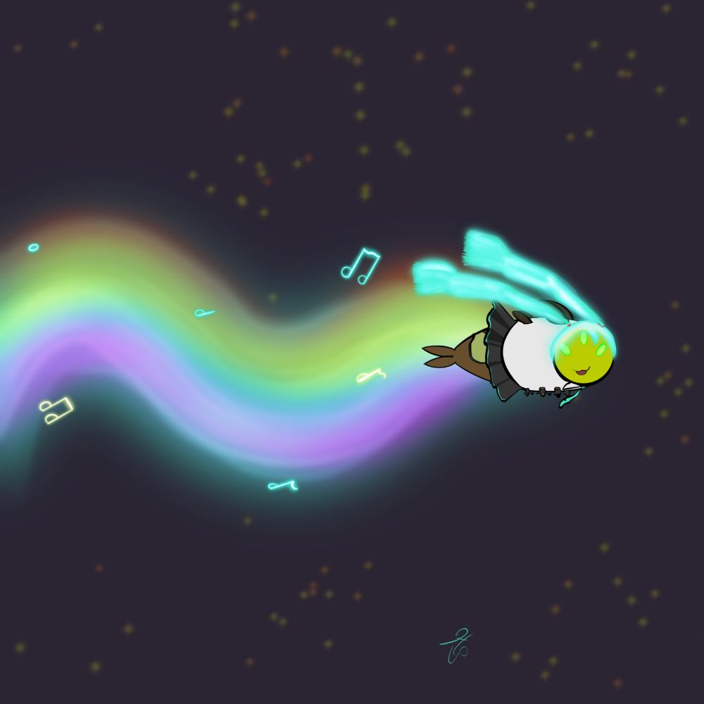 A slapdash combination of a hive worm in Hatsune Miku cosplay, while mimicking the nyancat meme 🧔🐛