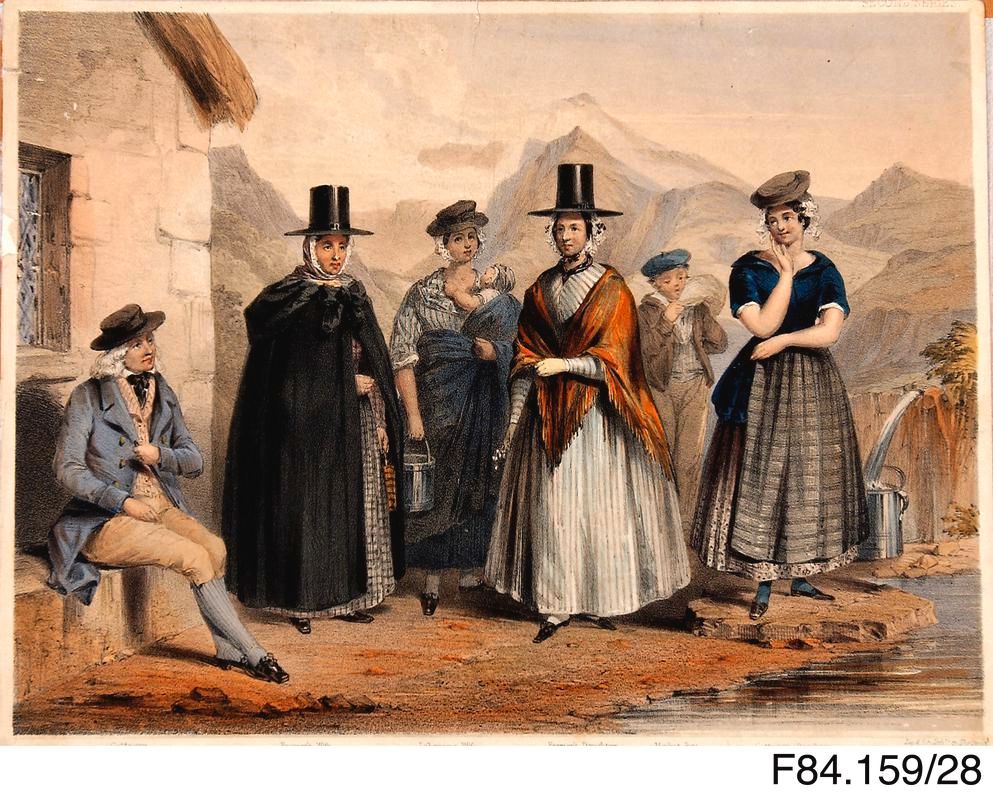 
Colour lithograph showing Welsh characters, with background of mountain scenery. From left to right - 'Cottager', 'Farmer's Wife', 'Labourer's Wife', 'Farmer's Daughter', 'Market Boy', and 'Cottager's Daughter'. Image: © Amgueddfa Cymru - Museum Wales