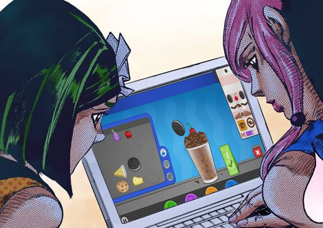 An edited manga screenshot of Yasuho using a laptop while Tsurugi watches. The screen of the laptop is edited to make it look like they're playing the game Papa's Freezeria