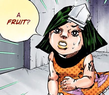 Manga screencap. Tsurugi's black eyes are lit up by white highlights and he asks, "a fruit?" He's sweating and wide-eyed, and a speed-line effect surrounds him, indicating his surprise.