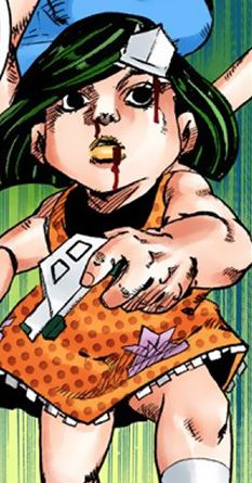 Manga panel of Tsurugi on a green background, with blood on his face and holding an origami car