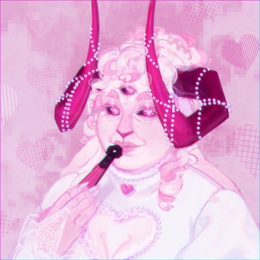 Bust up illustration of my OC Eunoia, a white and pink rabbit humanoid, she is wearing a white dress with lace. Eunoia is looking at the camera (Aster) with a charming smile while tapping the bottom of her fan to her lips (supposed to mean kiss me from the research on fan code I did). The background is pink with pop art hearts.