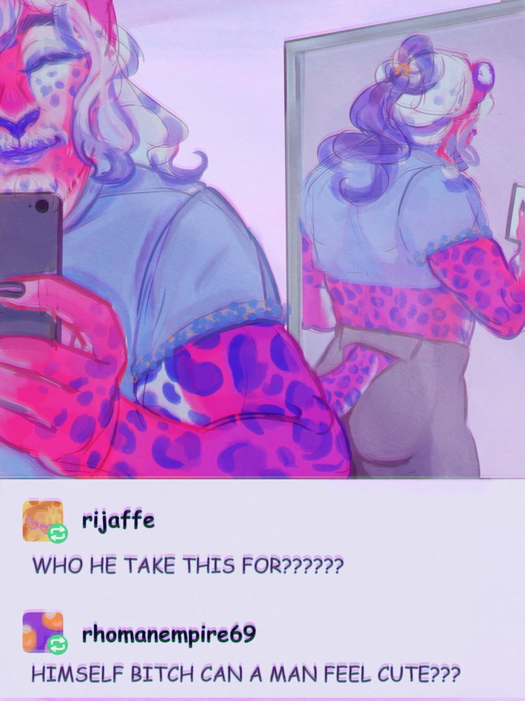 meme redraw of my OC Romin taking a gym selfie, it's in a tumblr post format with two reblogs with text that read in order "WHO HE TAKE THIS FOR?????" and "HIMSELF BITCH CAN A MAN FEEL CUTE???" from accounts posed as two of my friends. 
