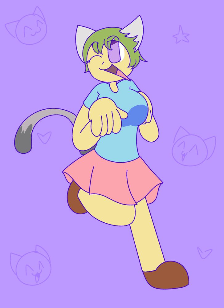 The character Raku-Chan from Nyan Neko Sugar Girls prancing around with a happy expression. The background has doodles of cats, a star, and some hearts.