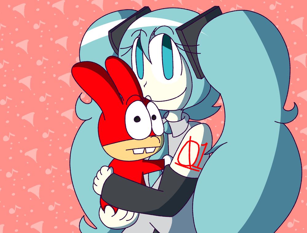 Hatsune Miku holding the Noid from Dominos pizza.