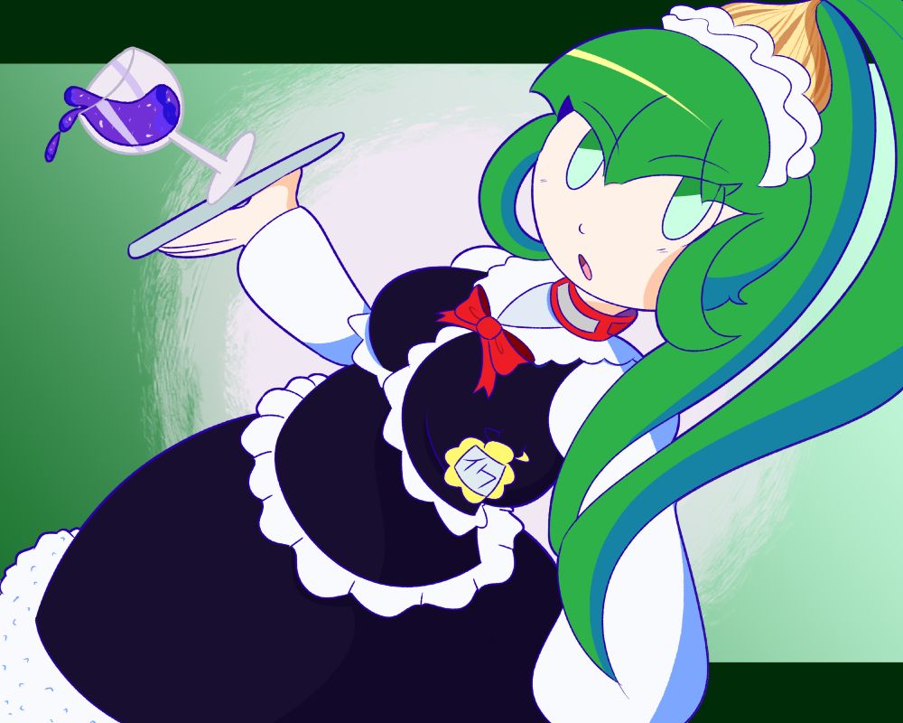 A picture of Acme Iku from MAIDLOID. She is looking at the view while holding a plate with a wine glass on it. The wine glass is spilling.