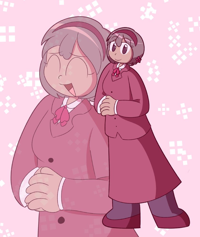 A picture of Zelkova's character Sofie standing at the viewer with a kind smile. In the background is a faded picture of Sofie, with a slightly nervous face. 