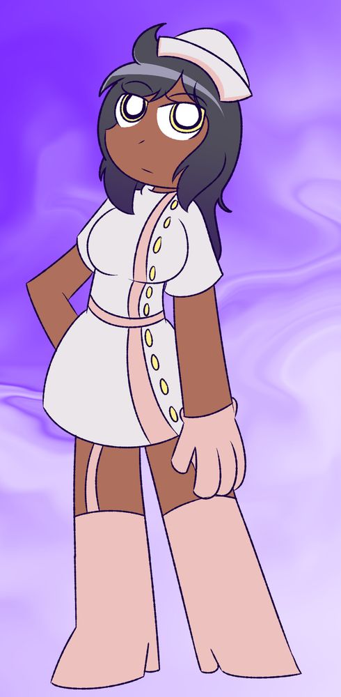 My oc Nurse Cap, standing in a purple wavy background. She is wearing a pink nurse outfit.