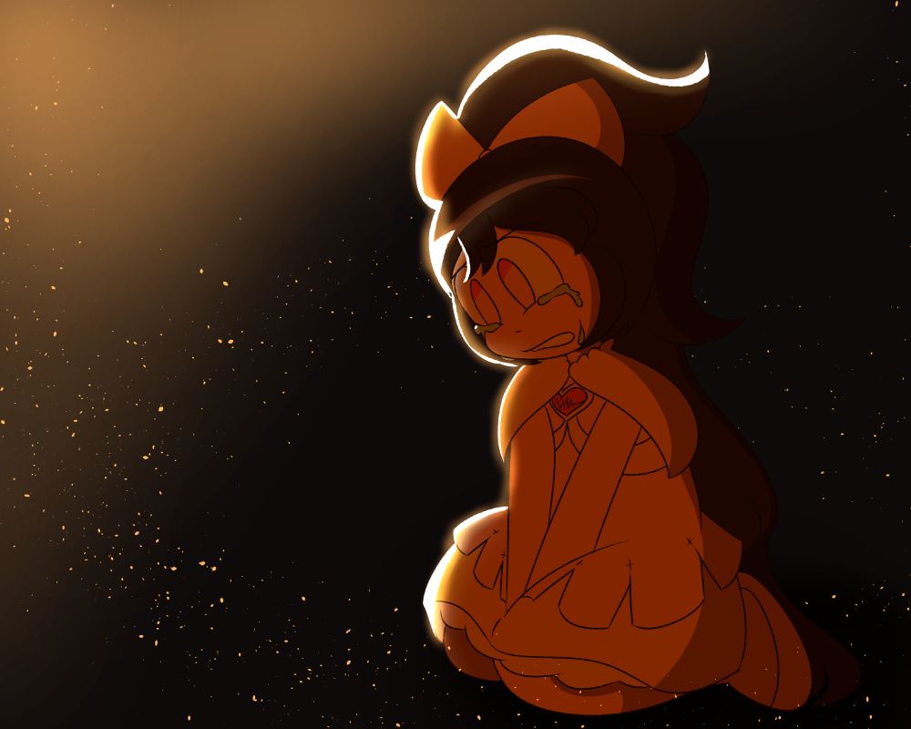 My magical girl oc Elaina sitting and crying all alone in the dark. The lighting in this piece is very dramatic. 