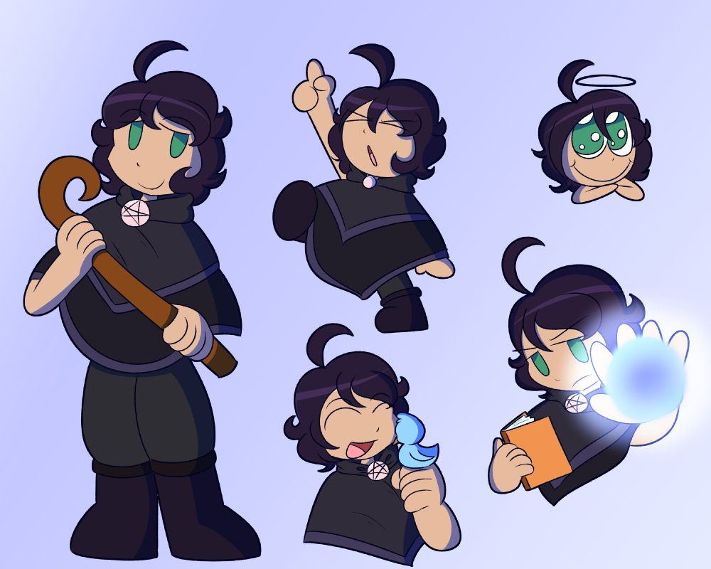 A doodle page of Craft3334's character! The pictures include:
Him holding a staff while standing
A chibi of him pointing while walking
a half body of him with a bird, looking delighted
A halfbody of him using sorcerer magic with a serious face
and a tiny doodle of him with a halo while looking innocent.