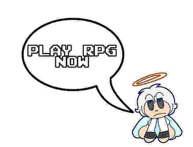 a REALLY pixelated picture of a chibi of Bo saying "Play RPG Now."