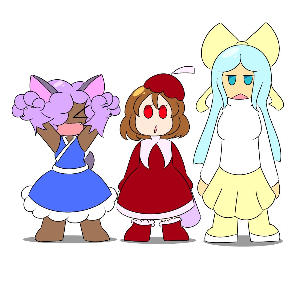 The characters of Yokai Experience standing together in a white void. Left to right are: Okuri, Apple, and Atama.