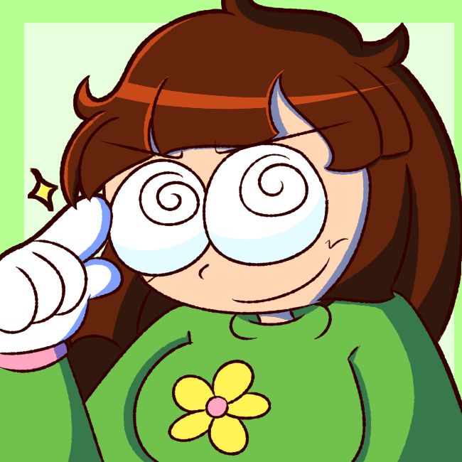Gissy's oc: AMFMcChibi, looking at the viewer with a smug face. She is pushing her glasses up.