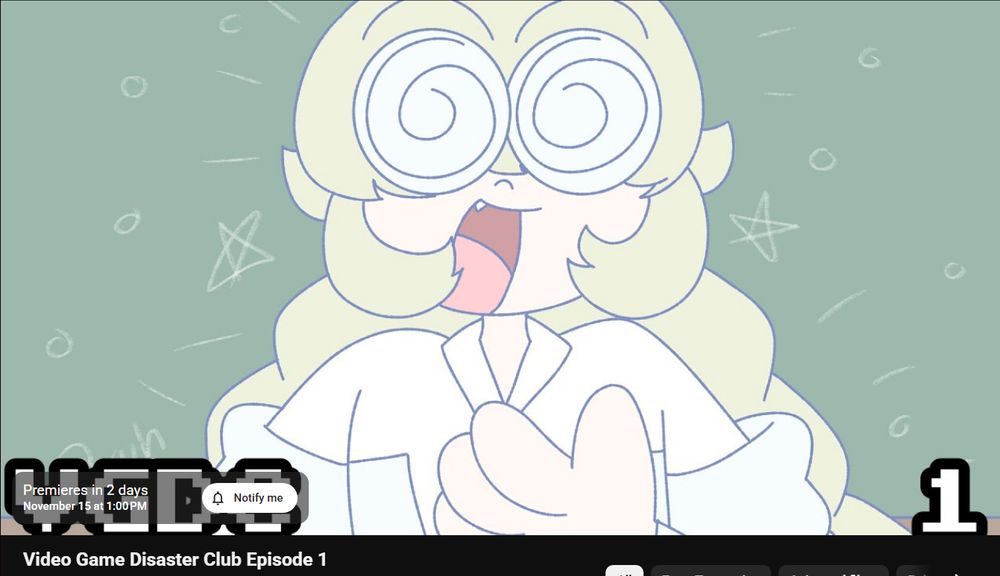 A youtube screencap of Video Game Disaster Club Episode 1, which is set to premiere in 2 days in this screenshot. The thumbnail is of Uran, introducing herself. 