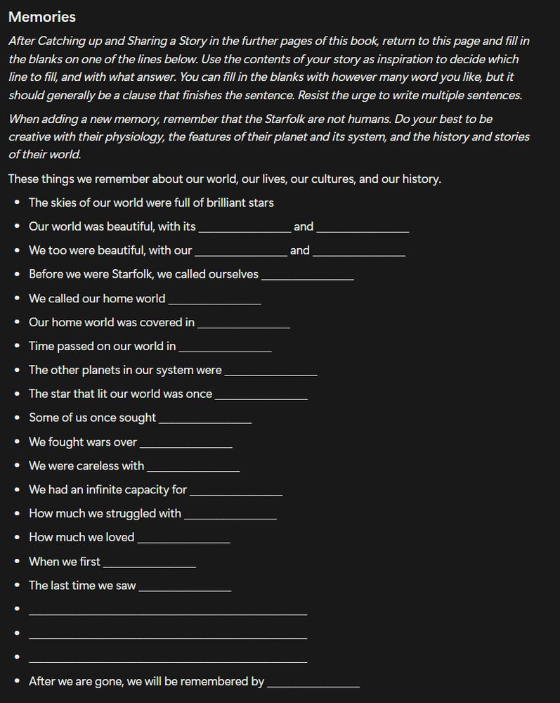 Page 3 of 3 of Scattered to the Stars, an asynchronous journaling game about wandering spacefarers who have lost their home world, intended to be passed between players. A link to the full text is in the post body.