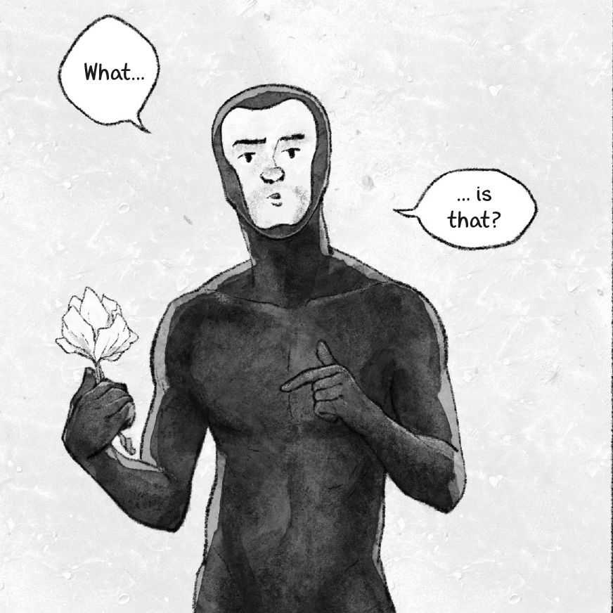 Guy holding up a paper flower, wearing a spacesuit in vintage/1950ies era style. Asking „What… is this?“ 

OC is Miles Brekel from Thilo Krapp‘s MILES & SALLY