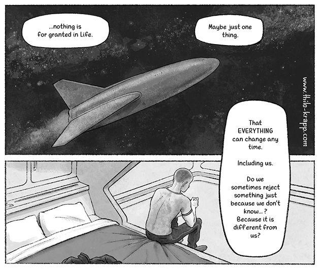 Webcomic snippet from MILES & SALLY, Thilo Krapp‘s BL Space Opera. The spacecraft hovering through space, and an inner monologue of Miles laid over the black and white comic panels. Miles sitting on the edge of his bed in his quarter, thinking about if he is afraid of something he just didn’t know about himself.