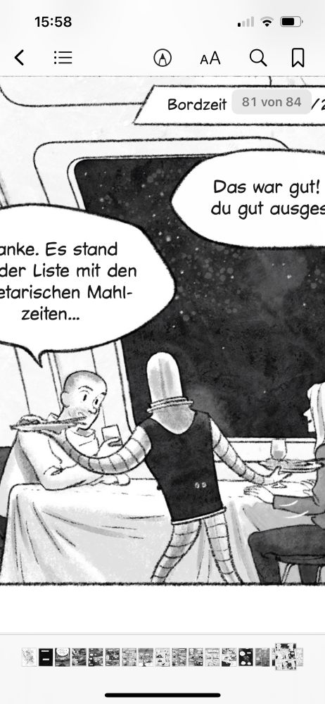 Serving robot serving two guys in an interstellar restaurant. B/W art by Thilo Krapp from his webcomic MILES & SALLY https://www.thilo-krapp.com/en/miles-sally-000-en/