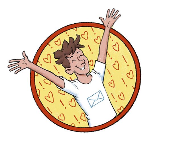 Guy in a yellow circle with a letter pictogram on his white shirt, rejoicing and announcing Thilo Krapp‘s Newsletter, hearts and exclamation marks on the yellow background behind him like a tapestry.