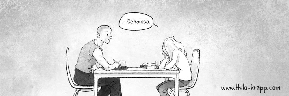 Zwei Figuren sitzen an einem Tisch beim Essen gegenüber, eine resigniert und stützt Kopf auf die Hände, einen Kraftausdruck benutzend.