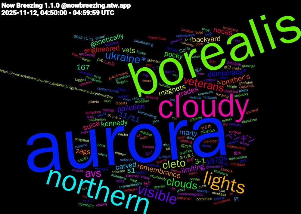 Word Cloud; its top words (sorted by weighted frequency, descending):  aurora, borealis, cloudy, northern, lights, visible, clouds, veterans, ukraine*, cleto, avs, zags, democracy*, 3-1, suica, carved, backyard, ペンギン, kennedy, engineered, 11/11, vets, trades, s1, remembrance, pollution, pocky, necas, marty, magnets, limiting, genetically, brother's, 1970s, 167, 酉の市, 独占, 愛さ, ポッキー, ファ, veteran's, usd, trillions, tangle, successor, sky, sewer, searches, reread, pf, overlap, null, mutant, mortgages, maryland, marker, mackinnon, localized, kornienko, hardship, gaza*, gambit, fomo, evan, easter, doordash, cox, chen, blend, auroras, apropos, 2025-11-12, 하던, 없나, 아예, 먼저, 대충, 落ち着く, 提出, 広がる, 小さめ, ワイン, レイ, ため息, हुए, şehit, yearly, yayyy, workforce, webcam, vicariously, variable, unintentionally, ukrainan, tug, ttrpg, thể, thunder, tagged, steamed, statistical, staples, sociais, smoothly, slipping, skyrocketing, skincare, skies, singles, schlossberg, sanity, s6, s3, réforme, repeats, reflected, redefine, ranch, radiation, pug, puck, prova, pre-order, posh, ponder, polycule, pixels, pikmin, phonics, orion, orc, optimization, obligated, notified, nico, nepo, naked, mun, moses, mittwoch, mindless, mice, masturbate, lehkonen, laurent, l'ia, kansas, jfk's, ipo, intrigue, illiterate, hypocritical, hut, https.//www.instagram.com/geo_gaganauts?igsh=mwxnn3drzmfrewx2aa, haze, grandson, grandmother, gott, gonzaga, gogh, glow, ghislaine, generative, frühstück, frau_s, francis, flares, fdr, faintly, faded, eyeballs, exposure, explodes, examine, erased, electromagnetic, downright, doorway, dishes, diabolical, deflection, dealer, cradle, corp, cop30, consultant, compensation, colorado, chubby, caves, capturing, camera, brushes, bronze, breathtaking, borderline, booze, bond, bloated, benim