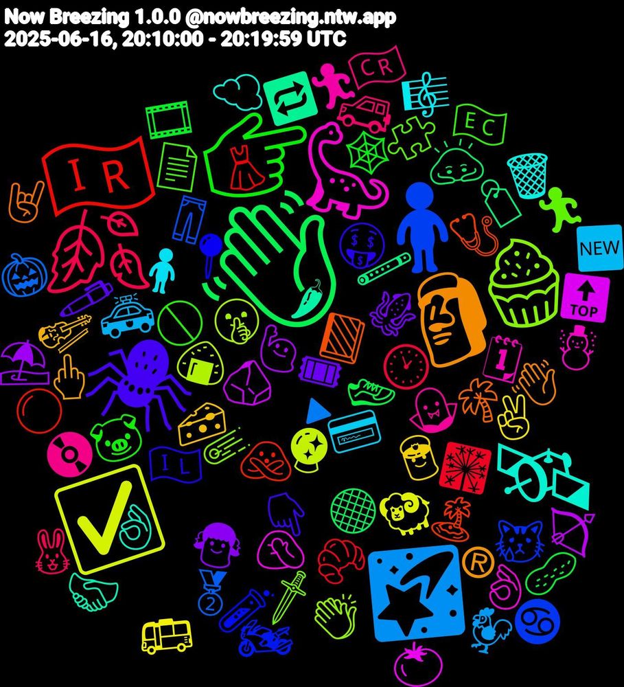 Emoji Cloud; its emojis (sorted by weighted frequency, descending):  👋🏼, 🇮🇷, 🧍, 🧁, 🦕, 🛰️, 🗿, 🕷️, 👉🏼, 🍂, 🌠, ☑️, 🪨, 🪈, 🩺, 🧪, 🧩, 🧛, 🧍‍♂️, 🧀, 🦑, 🥜, 🥐, 🥈, 🤫, 🤦🏾‍♀️, 🤝🏻, 🤘🏽, 🤑, 🚫, 🚙, 🚓, 🚌, 🙋🏻‍♀️, 🙇🏽‍♀️, 🙅🏾‍♀️, 😿, 🗡️, 🗓, 🗑️, 🖕🏻, 🖊️, 🕸️, 🕑, 🔺, 🔮, 🔝, 🔁, 📗, 📍, 📄, 📀, 💳, 👮, 👧, 👟, 👗, 👖, 👏🏾, 👌🏾, 👌🏽, 👋🏽, 👇🏿, 🐷, 🐰, 🐓, 🐏, 🏹, 🏷️, 🏝️, 🏍️, 🏃‍♂️, 🏃‍♀️, 🎼, 🎻, 🎟, 🎞️, 🎇, 🎃, 🍙, 🍅, 🌶, 🌴, 🇮🇱, 🇪🇨, 🇨🇷, 🆕, ✌🏼, ⛱️, ⚫, ⚪, ♋, ☄️, ☃️, ☁️, ®