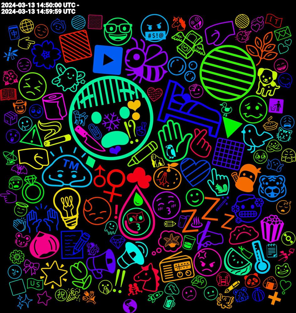 Emoji Cloud; its emojis (sorted by weighted frequency, descending):  😨, 💤, 🛌, 🔵, 💧, 🙇, 💡, 🐝, ✋, ♀, 🩷, 🖍️, 🔪, 👆, 🍊, ⬛, ▶, 🫰, 🫧, 🚬, 😚, 😗, 😓, 📝, 💸, 💭, 🐦, ❣, ✍️, ☺, ☁, ▶️, ⁉, 🧻, 🧚, 🥷, 🥶, 🥴, 🥟, 🤬, 🤜, 🤛, 🤓, 🟩, 🙌, 😣, 😡, 🔊, 📻, 📢, 💍, 🐴, 🐯, 🐕, 🍿, 🍉, 🌿, 🌸, 🌷, 🌰, 🌡, 🌟, 🌃, ❄, ⚠, ♂, ™, ‼, 🫡, 🫠, 🪴, 🪄, 🩸, 🩵, 🦮, 🦍, 🦇, 🦆, 🦄, 🥺, 🥹, 🥳, 🥲, 🥧, 🥤, 🥃, 🤼‍♂️, 🤷‍♂️, 🤫, 🤪, 🤦, 🤠, 🤞🏻, 🤏, 🟨, 🟣, 🟢, 🚮, 🚀, 🙏, 🙆, 🙅, 🙁, 😿, 😴, 😲, 😰, 😭, 😩, 😤, 😔, 😐, 😌, 😋, 😇, 😄, 🗒, 🖋, 📦, 📡, 📖, 📎, 💿, 💞, 💕, 💐, 💎, 💌, 💅, 👏, 👉, 👈, 🐿, 🐼, 🐹, 🐸, 🐭, 🐧, 🐙, 🐉, 🏷, 🏳️‍⚧️, 🎋, 🎉, 🎀, 🍺, 🍙, 🍈, 🌼, 🌺, 🌚, 🌐, 🌎, 🇺🇸, 🇮🇹, 🀄, ㊗, ⭐, ⬜, ➕, ❤, ❣️, ❗, ✨, ✏, ✍, ✌, ⚫, ♨, ♦