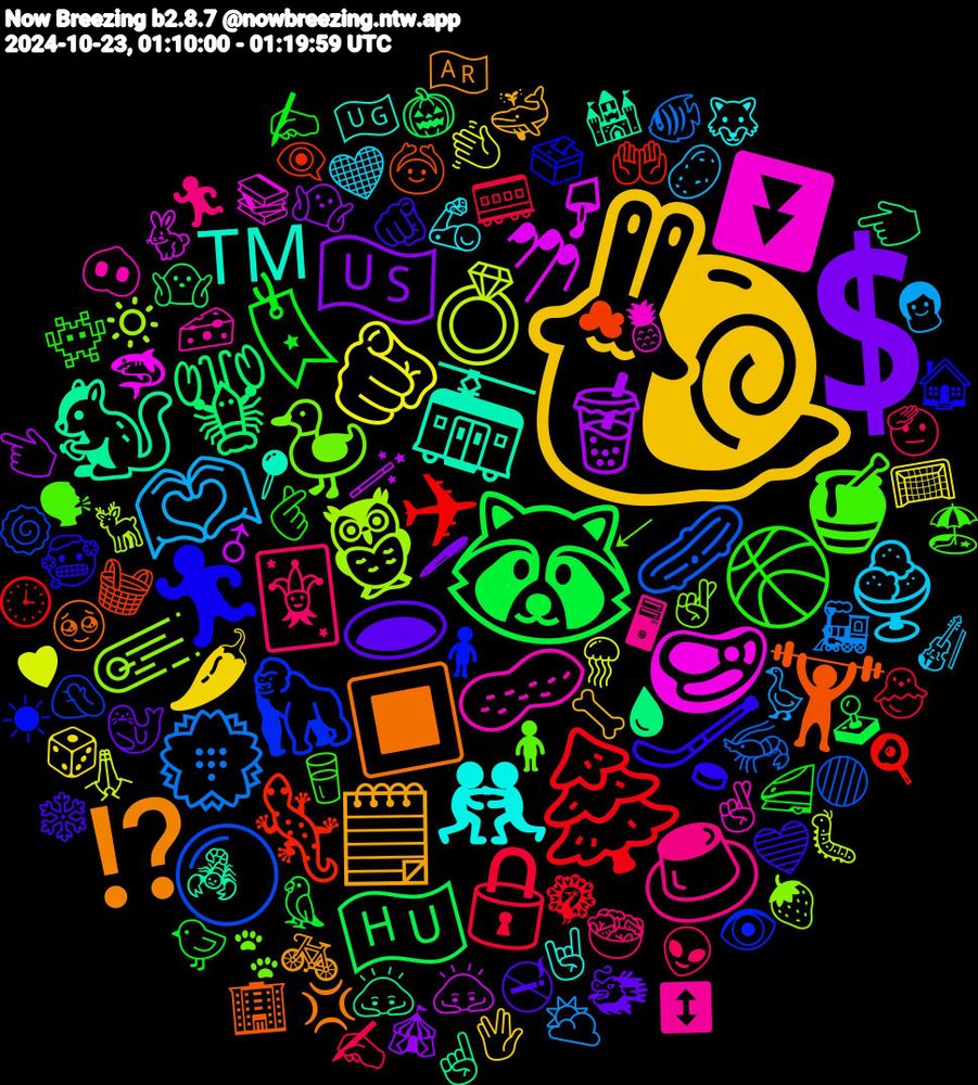 Emoji Cloud; its emojis (sorted by weighted frequency, descending):  🐌, 💲, 🦝, 🌲, 🥒, 🦉, 🥩, 🚋, 🔳, 🏒, 🏀, 🃏, 🫶🏾, 🫵🏼, 🧋, 🦞, 🦎, 🦍, 🦆, 🥜, 🤼‍♂️, 🗒️, 🕳️, 🔖, 🔒, 💮, 💍, 💅, 🐿️, 🏋️, 🏃‍♀️, 🍯, 🍮, 🍨, 🌶, 🇺🇸, 🇭🇺, ✈, ⚪, ☄️, ⏬, ™️, ⁉️, 🫵🏻, 🫰, 🫡, 🪿, 🪼, 🪄, 🩸, 🧺, 🧍‍♀️, 🧍, 🧀, 🦾, 🦴, 🦭, 🦜, 🦚, 🦐, 🦌, 🦈, 🦂, 🥹, 🥶, 🥛, 🥗, 🥔, 🥅, 🤷🏽‍♂️, 🤷🏻, 🤲🏼, 🤦‍♂️, 🤞🏾, 🤞, 🤘, 🚲, 🚭, 🚄, 🚃, 🚂, 🙏🏿, 🙇🏻, 🙇‍♂️, 🙆🏽‍♀️, 🗳️, 🗣, 🖥, 🖤, 🖖🏻, 🖊, 🕹️, 🕒, 🔴, 🔅, 📚, 📍, 💢, 💙, 👾, 👽, 👩, 👋🏼, 👈🏼, 👈, 👁️‍🗨️, 👁️, 🐾, 🐽, 🐺, 🐳, 🐲, 🐤, 🐣, 🐠, 🐛, 🐇, 🏰, 🏢, 🏠, 🏖️, 🏃, 🎻, 🎲, 🎪, 🎃, 🍳, 🍥, 🍓, 🍍, 🇺🇬, 🇦🇷, ❄️, ✍🏻, ✍️, ⛅, ♥, ♂, ☝🏼, ☁, ☀, ↙, ↕️