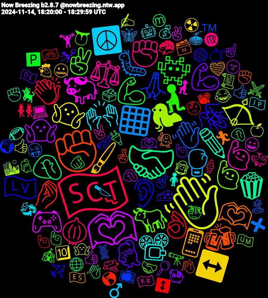 Emoji Cloud; its emojis (sorted by weighted frequency, descending):  🏴󠁧󠁢󠁳󠁣󠁴󠁿, ◾, 👋🏽, 🫶🏿, 🤝🏾, ✊🏾, 👂, 🐂, ⚖️, 🙌🏾, 🖌️, 💪🏾, 💪🏽, 👌🏼, 👋🏼, 🐦‍⬛, 🐃, ✏️, 🫶🏾, 🪳, 🧎🏾‍♀️, 🧅, 🥊, 🤷🏾‍♂️, 🤷🏽‍♀️, 🤦🏻‍♂️, 🤌🏾, 🙏🏿, 🙋🏾‍♂️, 🙋🏻, 📽️, 📱, 💃🏻, 👾, 👏🏽, 🐛, 🏹, 🎮, 🍿, 🍻, 🇱🇻, ✌🏻, ✊🏼, ☮️, ↔️, 🫶🏽, 🫵🏽, 🫡, 🧬, 🧝‍♀️, 🧎🏽‍♀️, 🧍‍♀️, 🧌, 🧀, 🦥, 🦔, 🦋, 🤷🏻‍♂️, 🤦🏽‍♀️, 🤦‍♀️, 🤞🏻, 🤞, 🤝🏻, 🤘🏼, 🤖, 🤐, 🙋🏻‍♂️, 🙋🏻‍♀️, 🙋‍♀️, 😜, 😂, 😀, 🗳️, 🗃️, 🔵, 🔭, 🔫, 🔪, 🔟, 🔎, 🔌, 📽, 📺, 📜, 💻, 💰, 💙, 💅🏼, 💃🏾, 👯‍♀️, 👍🏽, 👍🏼, 👍, 👋🏿, 👋, 👉🏼, 👅, 🐳, 🐲, 🐔, 🐏, 🐈‍⬛, 🏳️‍🌈, 🏝️, 🏙️, 🏋🏾‍♂️, 🏈, 🏃‍♂️, 🎻, 🎪, 🍦, 🍝, 🍏, 🌚, 🌐, 🌎, 🌍, 🇺🇲, 🇰🇷, 🇯🇵, 🇪🇸, 🇩🇪, 🅿️, 〰️, ✖️, ✍🏽, ✌️, ✊🏿, ✊🏽, ✈️, ⚔️, ♍, ♂️, ☢️, ☝🏽, Ⓜ️, ↕️, ™️