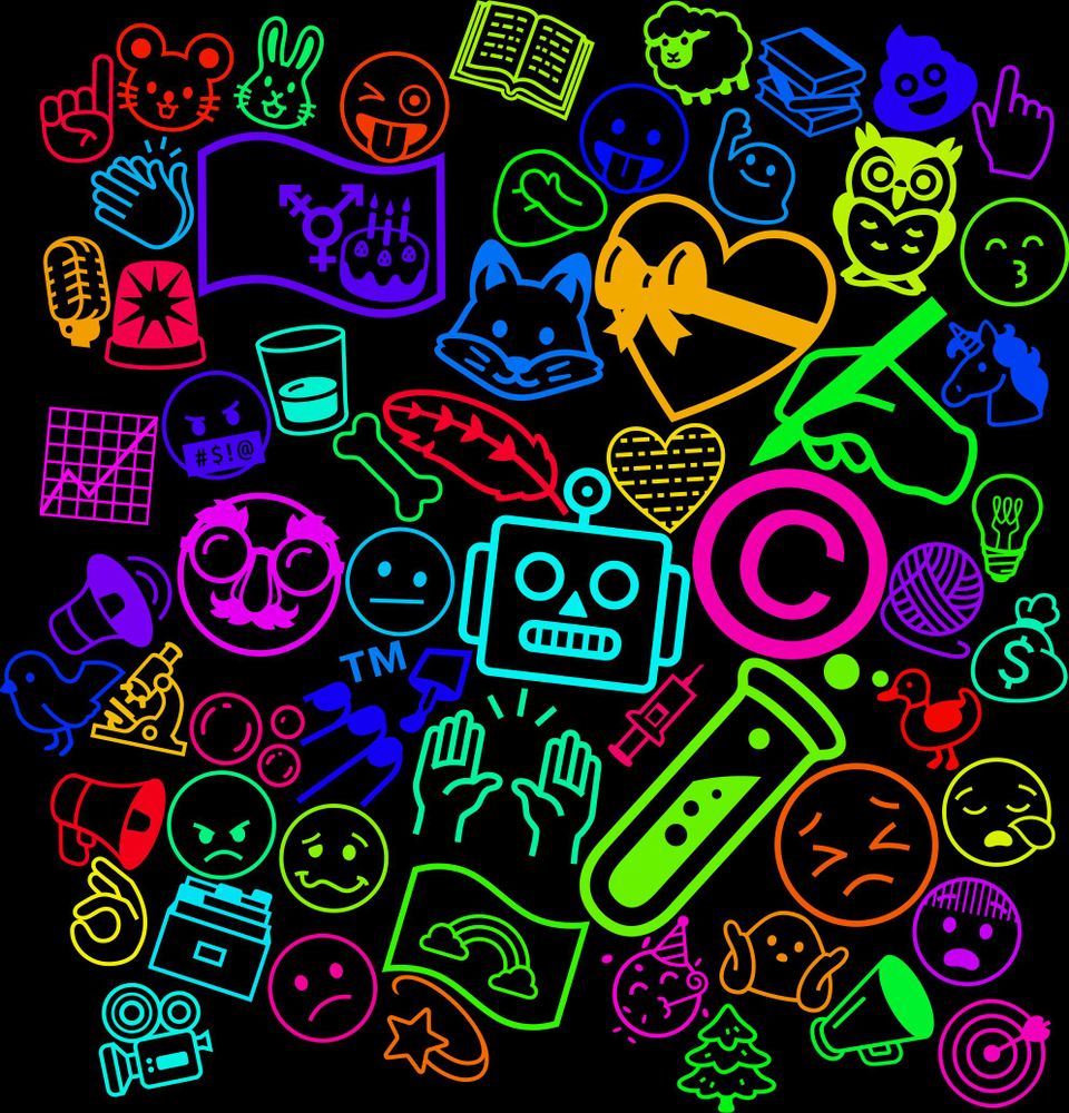 Emoji Cloud; its emojis (sorted by weighted frequency, descending):  🧪, ©, 🤖, 💝, 🏳️‍⚧️, ✍️, 🪶, 🦊, 🦉, 🥸, 🙌🏻, 😣, 💅, 🏳️‍🌈, 🫧, 🫤, 🩵, 🧶, 🦴, 🦆, 🦄, 🥴, 🥳, 🥃, 🤷🏼, 🤬, 🤦‍♂️, 🚨, 🙋🏻‍♂️, 😪, 😨, 😠, 😜, 😛, 😙, 😕, 🗃️, 🔬, 🔊, 📣, 📢, 📚, 📖, 📈, 💰, 💫, 💩, 💡, 💉, 👏🏽, 👌🏾, 👆, 🐰, 🐭, 🐦, 🐑, 🎯, 🎥, 🎙️, 🎄, 🎂, 🎀, 🍑, 🌼, 🌲, 🌟, 🌎, 🌈, 🇵🇸, 🇮🇹, 🇬🇧, 🇨🇦, ⬜, ➡️, ➕, ❌, ☝🏼, ☘️, ⏰, ™, 4️⃣