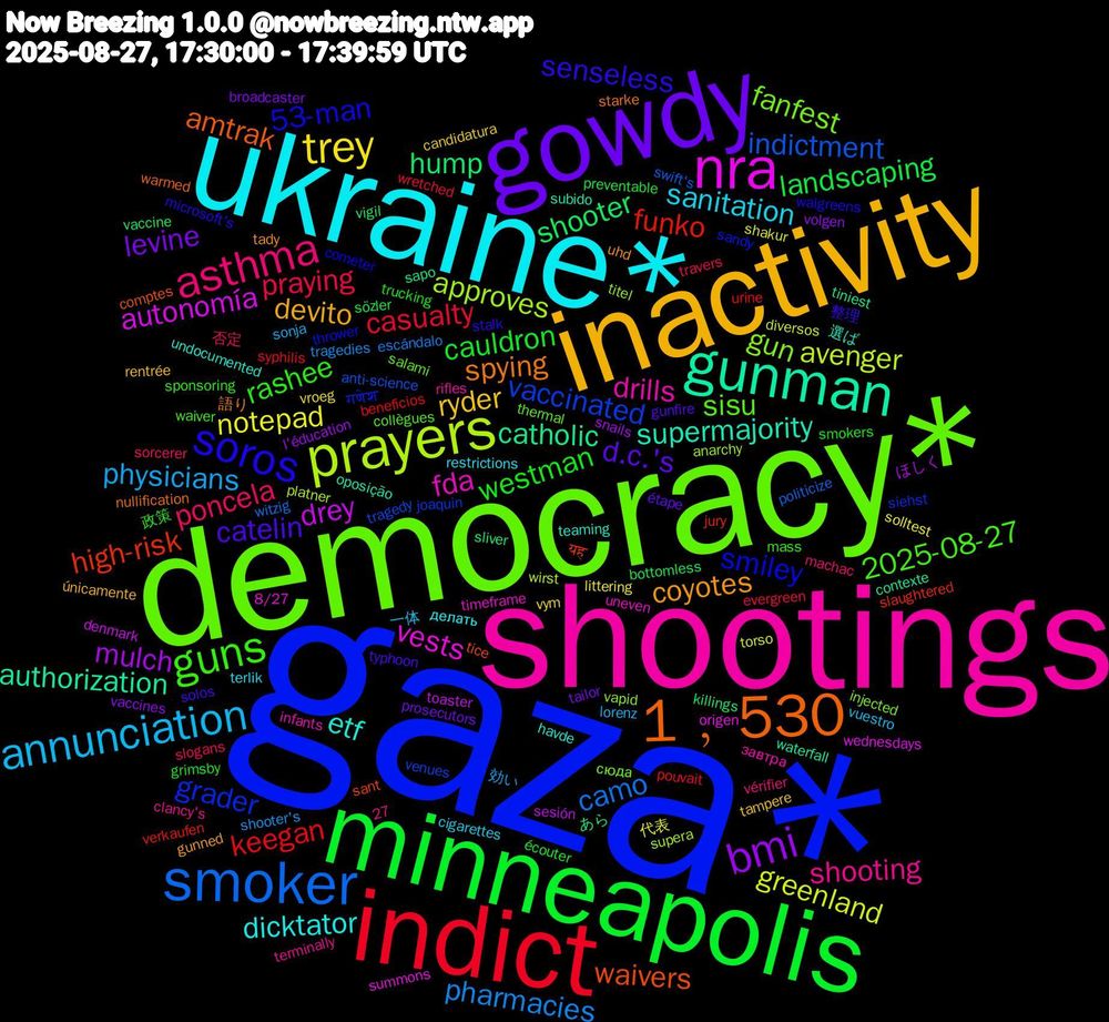 Word Cloud; its top words (sorted by weighted frequency, descending):  gaza*, democracy*, shootings, ukraine*, inactivity, gowdy, minneapolis, indict, smoker, prayers, nra, gunman, 1﹐530, soros, guns, asthma, annunciation, trey, bmi, shooter, funko, vaccinated, gun, fda, etf, coyotes, catelin, westman, praying, pharmacies, greenland, drey, catholic, waivers, smiley, sisu, shooting, sanitation, ryder, levine, landscaping, keegan, indictment, approves, vests, supermajority, spying, senseless, rashee, poncela, physicians, notepad, mulch, hump, high-risk, grader, fanfest, drills, dicktator, devito, d.c.'s, cauldron, casualty, camo, avenger, autonomía, authorization, amtrak, 53-man, 2025-08-27, 一体, vym, vaccines, vaccine, urine, tragedy, titel, timeframe, teaming, tady, solos, smokers, slogans, shooter's, shakur, sesión, sapo, sant, sandy, salami, rifles, restrictions, rentrée, prosecutors, preventable, pouvait, politicize, platner, origen, oposição, nullification, microsoft's, mass, machac, lorenz, littering, l'éducation, killings, jury, joaquin, injected, infants, havde, gunned, gunfire, grimsby, evergreen, escándalo, diversos, denmark, contexte, comptes, cometer, collègues, clancy's, cigarettes, candidatura, broadcaster, bottomless, beneficios, anti-science, anarchy, 8/27, 27, 選ば, 語り, 整理, 政策, 否定, 効い, 代表, ほしく, あら, यह, गणेश, сюда, завтра, делать, únicamente, étape, écouter, wretched, witzig, wirst, wednesdays, waterfall, warmed, walgreens, waiver, vérifier, vuestro, vroeg, volgen, vigil, verkaufen, venues, vapid, uneven, undocumented, uhd, typhoon, trucking, travers, tragedies, torso, toaster, tiniest, tice, thrower, thermal, terminally, terlik, tampere, tailor, sözler, syphilis, swift's, supera, summons, subido, starke, stalk, sponsoring, sorcerer, sonja, solltest, snails, sliver, slaughtered, siehst