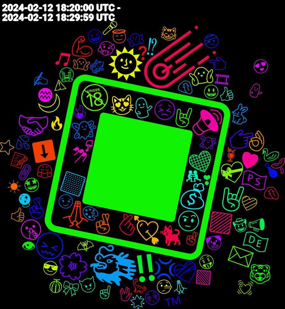 Emoji Cloud; its emojis (sorted by weighted frequency, descending):  🔳, ☄️, 🐲, 🌞, 🤝🏻, 🤘🏻, 🙏🏽, 😖, 🔞, 🔊, 💰, 💘, 🌸, ‼️, 🫰, 🧚, 🤷, 🤫, 🤨, 🤞🏽, 🤞🏼, 🤘, 🟪, 🟨, 😻, 😣, 🖤, 💪🏼, 💢, 💝, 💅, 💁🏼‍♂️, 👌🏻, 👉🏻, 🐯, 🐈‍⬛, 🐇, 🌙, 🇵🇸, 🇩🇪, ⬇️, ❤️‍🩹, ✉️, ♥, ⁉, 🩷, 🧚🏻, 🦢, 🦕, 🦑, 🦇, 🥵, 🤼‍♂️, 🤷🏻‍♀️, 🤷‍♀️, 🤩, 🤦🏾‍♂️, 🤦, 🤥, 🤡, 🤠, 🤞, 🤕, 🤑, 🟩, 🙏🏻, 😹, 😳, 😭, 😤, 😏, 😎, 😍, 😈, 😇, 😆, 😃, 🖖🏼, 🔮, 🔥, 🔗, 📣, 📝, 💦, 💓, 💁🏻‍♀️, 👍🏼, 👍, 👈🏻, 👁, 🎵, 🎨, 🎤, 🎞, 🎀, 🍹, 🍗, 🍈, 🌱, 🌟, ⭐, ❤️‍🔥, ❣, ❓, ✍️, ⚠, ♒, ☝️, ☀, ™️