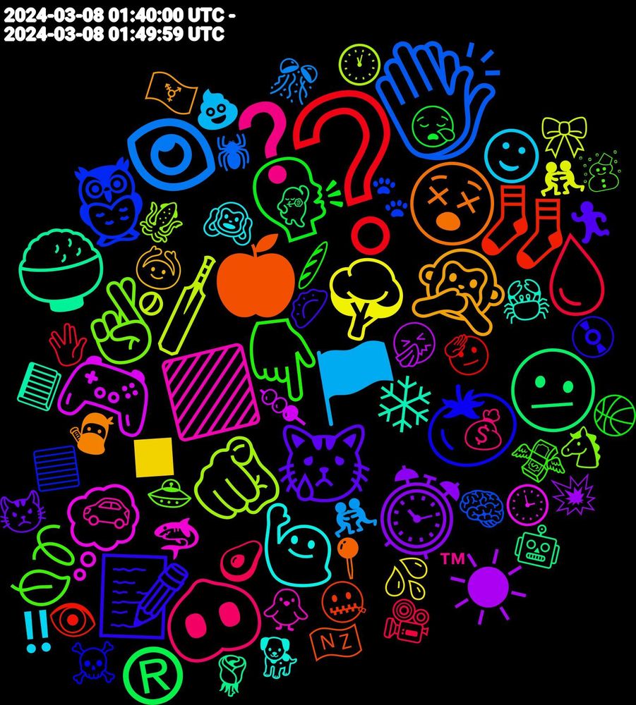 Emoji Cloud; its emojis (sorted by weighted frequency, descending):  ❔, 👏🏻, 🫵, 💭, ❄, 😵, 📝, 👇🏻, 🐽, 🏴, 🌳, ☀, 🫤, 🧦, 🦉, 🤞🏼, 🟪, 🙋🏻‍♂️, 🙊, 😿, 🗣️, 💧, 👁, 🏏, 🎮, 🍚, 🍎, 🍅, 🍃, ❓, ☺, ◼, ⏰, ®, 🫡, 🧠, 🦑, 🦈, 🦀, 🥷, 🥟, 🥖, 🥑, 🤼‍♀️, 🤼, 🤧, 🤖, 🤐, 🟦, 🛸, 🚗, 🙉, 🙆, 😾, 😪, 🖖, 🕷, 🕚, 🕒, 📘, 📍, 💿, 💸, 💰, 💩, 💦, 💥, 💃🏻, 👁️, 🐾, 🐴, 🐥, 🐕, 🏳️‍⚧️, 🏃, 🏀, 🎥, 🎊, 🎀, 🍡, 🌹, 🇳🇿, ☠️, ☃, ™, ‼️