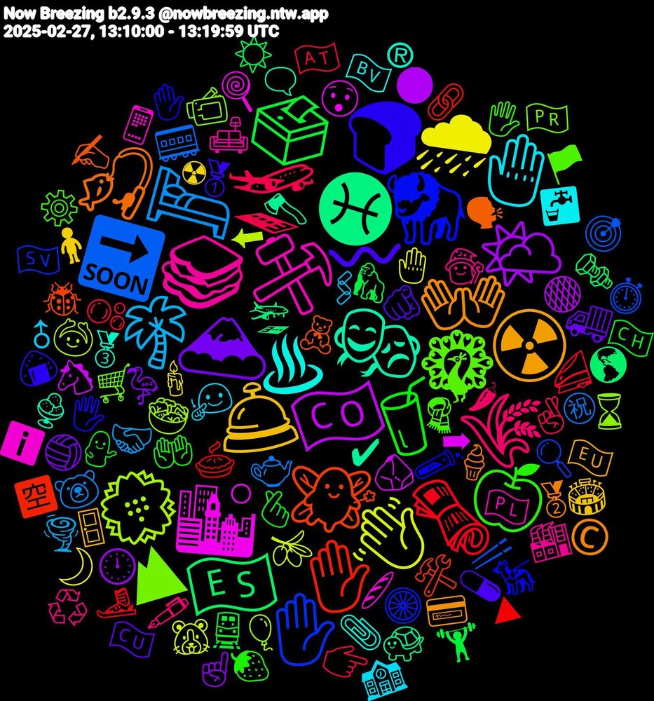 Emoji Cloud; its emojis (sorted by weighted frequency, descending):  👐, 〰, 🥤, 🛫, 🛏️, 👋🏾, 🇨🇴, ♓, 🧚, 🦬, 🦚, 🥪, 🤚, 🛎️, 🗻, 🗳️, 🗞️, 🔜, 💮, 🏙️, 🎭, 🎣, 🍞, 🍏, 🌾, 🌴, 🌧, 🌤️, 🇪🇸, ✋🏽, ✋🏻, ⛰, ⚒️, ♨, ☢️, 🫵🏼, 🫰🏻, 🫧, 🫖, 🫒, 🪨, 🪓, 🧸, 🧪, 🧣, 🧙‍♂️, 🧏🏻‍♀️, 🧍‍♂️, 🦩, 🦍, 🥧, 🥢, 🥗, 🥖, 🥉, 🥈, 🥇, 🤲🏻, 🤞🏾, 🤝🏻, 🤚🏼, 🟠, 🛬, 🛠️, 🛞, 🛒, 🛋️, 🚰, 🚪, 🚚, 🚆, 🚄, 🚃, 🙆, 😯, 🗨️, 🗣, 🖐️, 🖐, 🖋️, 🖇, 🕯️, 🕛, 🔩, 🔗, 🔍, 📹, 📱, 📎, 💳, 💊, 💁🏻‍♀️, 👉🏻, 🐻‍❄️, 🐹, 🐴, 🐢, 🐞, 🐕‍🦺, 🏴, 🏭, 🏫, 🏟️, 🏐, 🏋️‍♀️, 🎿, 🎯, 🎈, 🍭, 🍨, 🍦, 🍙, 🍓, 🌶, 🌪️, 🌙, 🌑, 🌎, 🈳, 🇸🇻, 🇵🇷, 🇵🇱, 🇳🇴, 🇪🇺, 🇨🇺, 🇨🇭, 🇦🇹, ㊗, ⬅, ➡, ✔, ✍, ✋, ⚙️, ♻️, ♂, ☢, ☝, ☀️, ▶, ⏱️, ⌛, ℹ️, ®, ©️