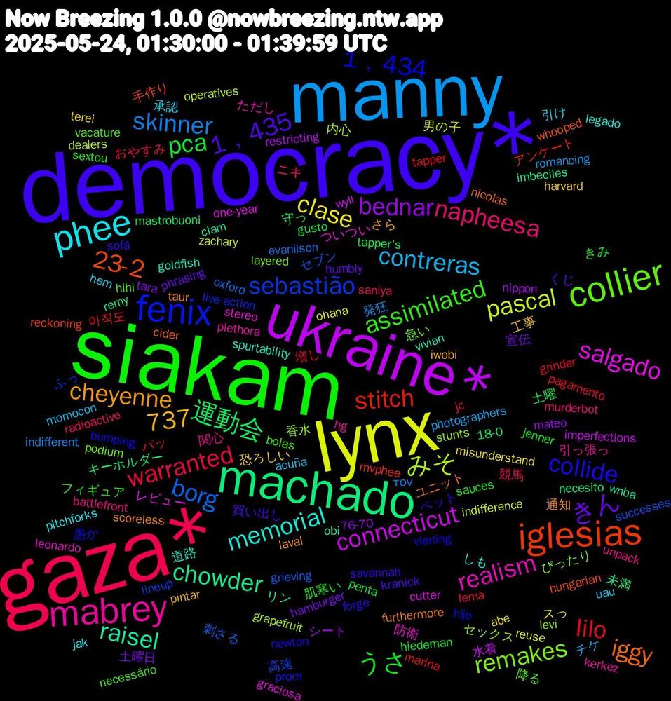 Word Cloud; its top words (sorted by weighted frequency, descending):  democracy*, siakam, gaza*, manny, lynx, ukraine*, machado, iglesias, fenix, collier, mabrey, phee, きん, pca, lilo, borg, みそ, salgado, raisel, iggy, collide, assimilated, napheesa, contreras, clase, bednar, 運動会, stitch, sebastião, remakes, realism, memorial, cheyenne, 1﹐435, うさ, warranted, skinner, pascal, connecticut, chowder, 737, 23-2, 1﹐434, 降る, 関心, 承認, 恐ろしい, 土曜日, 土曜, パッ, セブン, セックス, ついつい, vivian, taur, sofá, sextou, radioactive, photographers, ohana, nippon, necesito, mvphee, live-action, layered, kerkez, jak, iwobi, humbly, hiedeman, fema, evanilson, dealers, cutter, clam, cider, bumping, bolas, battlefront, acuña, abe, 76-70, 18-0, 아직도, 高速, 香水, 防衛, 道路, 通知, 買い出し, 肌寒い, 競馬, 発狂, 男の子, 水着, 未満, 手作り, 愚か, 急い, 引っ張っ, 引け, 工事, 宣伝, 守っ, 増し, 刺さる, 内心, レビュー, リン, ユニット, ペット, フィギュア, ニキ, チケ, スっ, シート, キーホルダー, アンケート, ふっ, ぴったり, ただし, しも, さら, くじ, きみ, おやすみ, τον, zachary, wyll, wnba, whooped, vierling, vacature, unpack, uau, terei, tara, tapper's, tapper, successes, stunts, stereo, spurtability, scoreless, savannah, sauces, saniya, romancing, reuse, restricting, remy, reckoning, prom, podium, plethora, pitchforks, pintar, phrasing, penta, pagamento, oxford, operatives, one-year, obi, nicolas, newton, necessário, murderbot, momocon, misunderstand, mateo, mastrobuoni, marina, lineup, levi, leonardo, legado, laval, kranick, jenner, jc, indifferent, indifference, imperfections, imbeciles, hungarian, hijo, hihi, hg, hem, harvard, hamburger, gusto, grinder, grieving, grapefruit, graciosa, goldfish, furthermore, forge