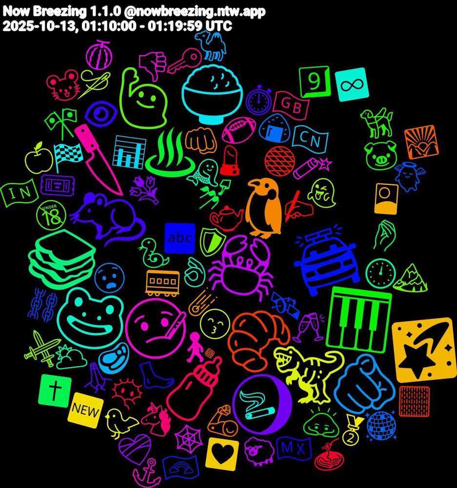 Emoji Cloud; its emojis (sorted by weighted frequency, descending):  🤒, 🐸, 🐧, 🐀, 🎹, 🍼, 🫵🏻, 🦖, 🦀, 🥪, 🥐, 🚔, 🙋, 🔪, 🍚, 🌠, 🌖, ♨, 🫖, 🪩, 🪡, 🧨, 🧜‍♂️, 🦾, 🦶🏻, 🦮, 🦄, 🥩, 🥈, 🥂, 🤌🏻, 🟤, 🛰️, 🛡️, 🚶, 🚬, 🚃, 🙏🏼, 🙇‍♀️, 😶‍🌫️, 😧, 😙, 🕸️, 🕛, 🔸, 🔤, 🔞, 🔑, 📊, 💟, 💐, 💅🏻, 💄, 👼, 👻, 👎🏻, 👌🏻, 👊🏾, 👁, 🐷, 🐭, 🐪, 🐦, 🐑, 🐍, 🏻, 🏳️‍🌈, 🏔️, 🏈, 🏁, 🎴, 🎟️, 🎌, 🍝, 🍙, 🍏, 🍈, 🌥️, 🌄, 🇲🇽, 🇮🇳, 🇬🇧, 🇨🇳, 🆕, ❤️‍🩹, ✝️, ✍, ⛓️, ⚔️, ⚓, ♾️, ☄️, ⏱️, 9️⃣