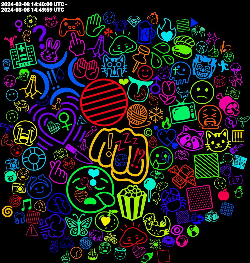 Emoji Cloud; its emojis (sorted by weighted frequency, descending):  👊, 💓, 😪, 🔵, 💢, 🍿, 🫰, 👅, 🧶, 🦀, 🥲, 🤲, 🙀, 😭, 🔪, 📺, 💸, 💘, 🍊, 🌷, ❣, ❄, ♂, ♀, ☺, 🫠, 🦦, 🦝, 🦋, 🤮, 🤦, 🟩, 🟨, 🛟, 🙏🏽, 🙏, 🙇🏼, 🙇, 🙆, 🙁, 🖕, 📍, 📌, 💨, 💦, 💤, 👹, 🐱, 🐰, 🏥, 🎮, 🍺, 🍣, 🍖, ❤️‍🔥, ❕, ❓, ✋, ⁉, ‼, 🫶🏻, 🫶, 🩶, 🩵, 🧚, 🧑‍🎤, 🧊, 🦕, 🦐, 🦏, 🦇, 🥹, 🥵, 🥟, 🥕, 🤫, 🤦🏻‍♂️, 🟪, 🟦, 🟥, 🟠, 🚲, 🙏🏻, 🙌, 🙋, 🙇🏻, 🙃, 😼, 😶, 😵, 😴, 😰, 😮, 😢, 😟, 😛, 😇, 🕜, 🔭, 🔥, 🔍, 📸, 📷, 💿, 💭, 💪, 💧, 💥, 💛, 💎, 💃, 👏, 👍, 👌🏼, 👇🏻, 👇, 👁, 🐻, 🐴, 🐲, 🏳️‍🌈, 🏋️, 🏃, 🎹, 🎸, 🎵, 🎯, 🎧, 🎂, 🎀, 🍻, 🍶, 🍩, 🍠, 🍎, 🌹, 🌸, 🌳, 🌱, 🌛, 🌙, 🌎, 🌍, 🌃, 🌀, 🇯🇵, ㊗, ⬜, ⬛, ❤, ✨, ✝, ✍🏻, ✌, ⛄, ⚠️, ⚠, ♥, ♀️, ☝🏼, ☘, ▶, ©