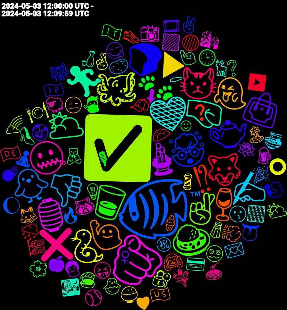 Emoji Cloud; its emojis (sorted by weighted frequency, descending):  🐠, ✅, 🫵, 🤜, 🙋‍♀️, 🫖, 🥃, 😾, 👎, 🐍, 🎍, 🌥️, ⁉, 🤯, 🤞🏻, 🤐, 🤎, 👻, 👜, 🐾, 🐺, 🐥, 🐙, 🏮, 🏃, 🍷, 🍞, 🍛, ❌, ✍️, ▶, 🪷, 🧸, 🧢, 🧘🏻‍♀️, 🧂, 🦝, 🦌, 🦊, 🥸, 🥷, 🥟, 🥔, 🤞, 🟪, 🙋🏻‍♀️, 🙉, 🙀, 😵‍💫, 😝, 😗, 😑, 😋, 🕒, 🔴, 🔥, 🔐, 📸, 💳, 💨, 💣, 💡, 💐, 💌, 💈, 👩, 👠, 👟, 👅, 🐣, 🐑, 🏻, 🏝️, 🎞️, 🎙, 🎏, 🎉, 🍽️, 🍺, 🍶, 🍦, 🍤, 🍣, 🍝, 🍜, 🍚, 🍎, 🌸, 🌧️, 🌔, 🌈, 🌇, 🌃, 🇺🇸, 🇯🇵, 🇮🇹, 🇩🇪, ㊗, ⭕, ⬇, ❔, ❓, ✌🏼, ⛅, ⚾, ⚰, ♥, ♀, ☺, ▶️, ™