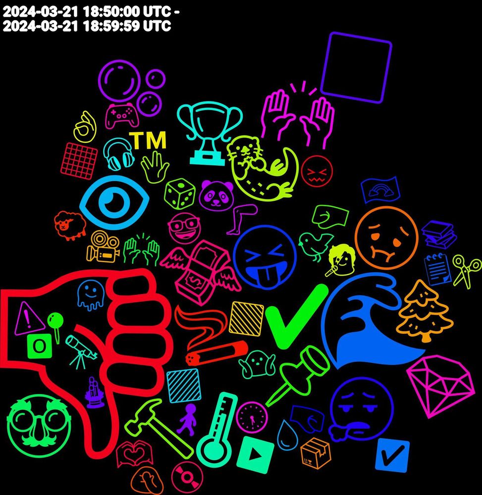 Emoji Cloud; its emojis (sorted by weighted frequency, descending):  👎, 🌊, 🦦, 🙌🏼, 🌡, 🤢, 😮‍💨, 📌, 💸, 👁, ™, 🫧, 🥸, 🚬, 😝, 🔨, 💎, 🏆, 🌲, ⬜, ✔️, 🫶🏼, 🫠, 🧑‍🎤, 🦵, 🤷🏻‍♀️, 🤦🏻, 🤜, 🤛, 🤓, 🟪, 🟩, 🚶, 🙌🏻, 😖, 🗒, 🖖, 🕠, 🔭, 📦, 📚, 📍, 💿, 💧, 👌🏻, 🐼, 🐦, 🐑, 🏳️‍🌈, 🎲, 🎮, 🎧, 🎥, 🎍, 🅾, ⬛, ✅, ✂️, ⚠️, ▶️