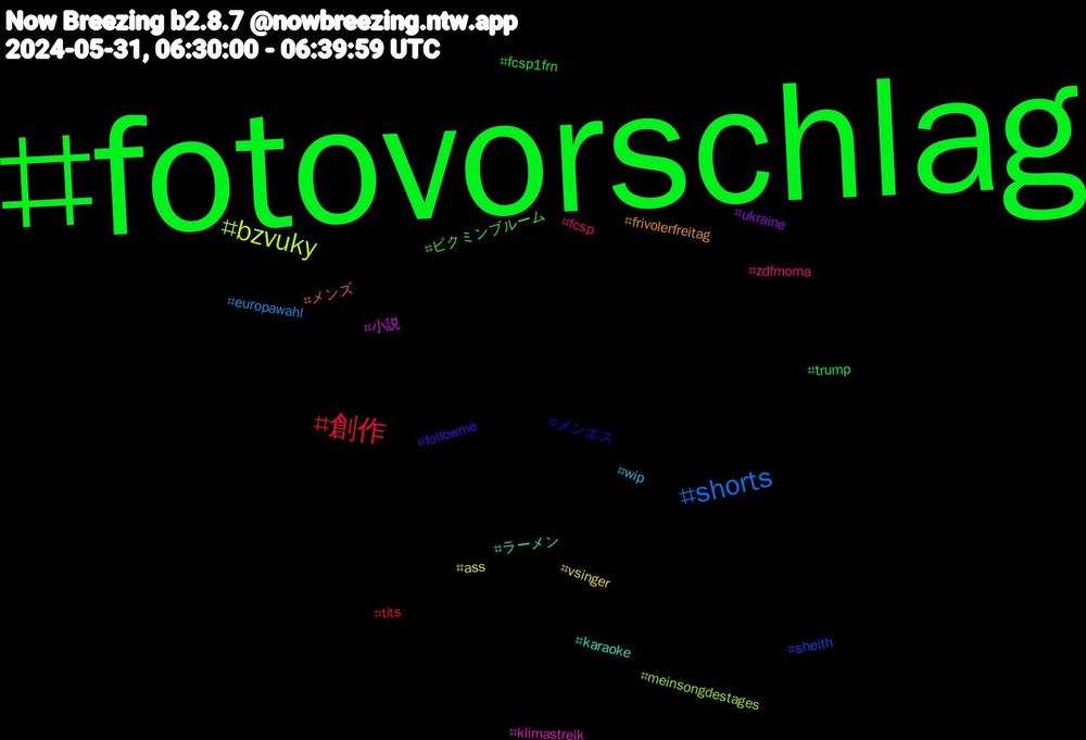 Hashtag Cloud; its hashtagged words/phrases (sorted by weighted frequency, descending):  fotovorschlag, 創作, shorts, bzvuky, 小説, ラーメン, メンズ, メンエス, ピクミンブルーム, zdfmoma, wip, vsinger, ukraine, trump, tits, sheith, meinsongdestages, klimastreik, karaoke, frivolerfreitag, followme, fcsp1frn, fcsp, europawahl, ass