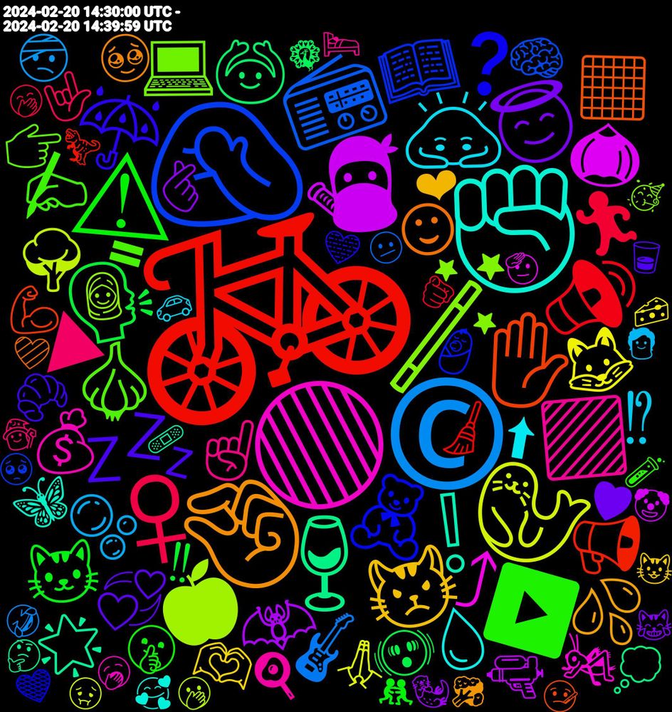 Emoji Cloud; its emojis (sorted by weighted frequency, descending):  🚲, 🤦, 🪄, 🟢, ✊, 🤏, 💤, ⚠, ♀, ©️, 🦭, 🥷, 🍷, ✋, 🧸, 🧄, 🟪, 🙇, 😾, 😇, 🗣️, 🔊, 📻, 🍎, ⤴, ❕, ☺, ☔, ▶️, ▶, 🫧, 🦊, 🦇, 🙆, 📢, 📖, 💻, 💰, 💧, 💦, 💞, 🐱, 🏃, 🎸, 🌳, 🌰, 🌟, ⬛, ❓, ✍️, ☝, ⁉, 🫶, 🫰, 🫨, 🧹, 🧠, 🧕, 🦗, 🦋, 🥹, 🥐, 🤫, 🤟, 🤕, 🟩, 🟨, 🙏, 🙌, 😭, 😢, 😄, 🔫, 💭, 💪, 💗, 💖, 💅, 👶, 👎, 👉🏻, 👇, 🐥, 🏜, 🏀, 🍳, 🍑, 🌸, 🌜, 🇪🇺, ⬆, ❤, ✨, ✌, ⚫, ♥, ☮️, ‼, 2️⃣, 🫵, 🫤, 🫢, 🫡, 🩹, 🩷, 🩵, 🧪, 🧙, 🧑, 🧀, 🦦, 🦚, 🦖, 🥺, 🥳, 🥱, 🥰, 🥦, 🥃, 🤼, 🤭, 🤣, 🤢, 🤡, 🤔, 🤒, 🤎, 🟰, 🟦, 🛌, 🛀, 🚢, 🚗, 🙌🏻, 😼, 😺, 😹, 😸, 😴, 😮‍💨, 😪, 😩, 😨, 😧, 😞, 😒, 😌, 😆, 🖤, 🖇, 🕒, 🕊, 📺, 📸, 📱, 📦, 💺, 💯, 💛, 💕, 💓, 💎, 👩‍👧‍👧, 👎🏼, 👉, 👅, 👁, 🐾, 🐼, 🐺, 🐸, 🐶, 🐵, 🐮, 🐦, 🐤, 🐝, 🐕, 🐄, 🏳️, 🏡, 🏠, 🏃🏻, 🎵, 🎴, 🎧, 🎞️, 🎊, 🎉, 🎂, 🍵, 🍰, 🍨, 🍦, 🍣, 🍞, 🍓, 🍒, 🍏, 🍌