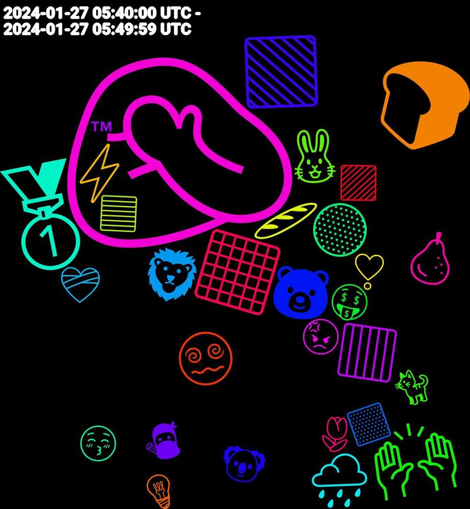 Emoji Cloud; its emojis (sorted by weighted frequency, descending):  🤦🏻‍♀️, 🥇, 🍞, 🟩, 🙌🏼, ⬛, 🦁, 🥖, 🟥, 🟡, 😵‍💫, 🐻, 🐰, 🍐, 🌧️, ⚡, 🥷, 🤑, 🟪, 🟨, 🟦, 😡, 😚, 💡, 🐨, 🐈, 🌷, ❤️‍🩹, ❣️, ™