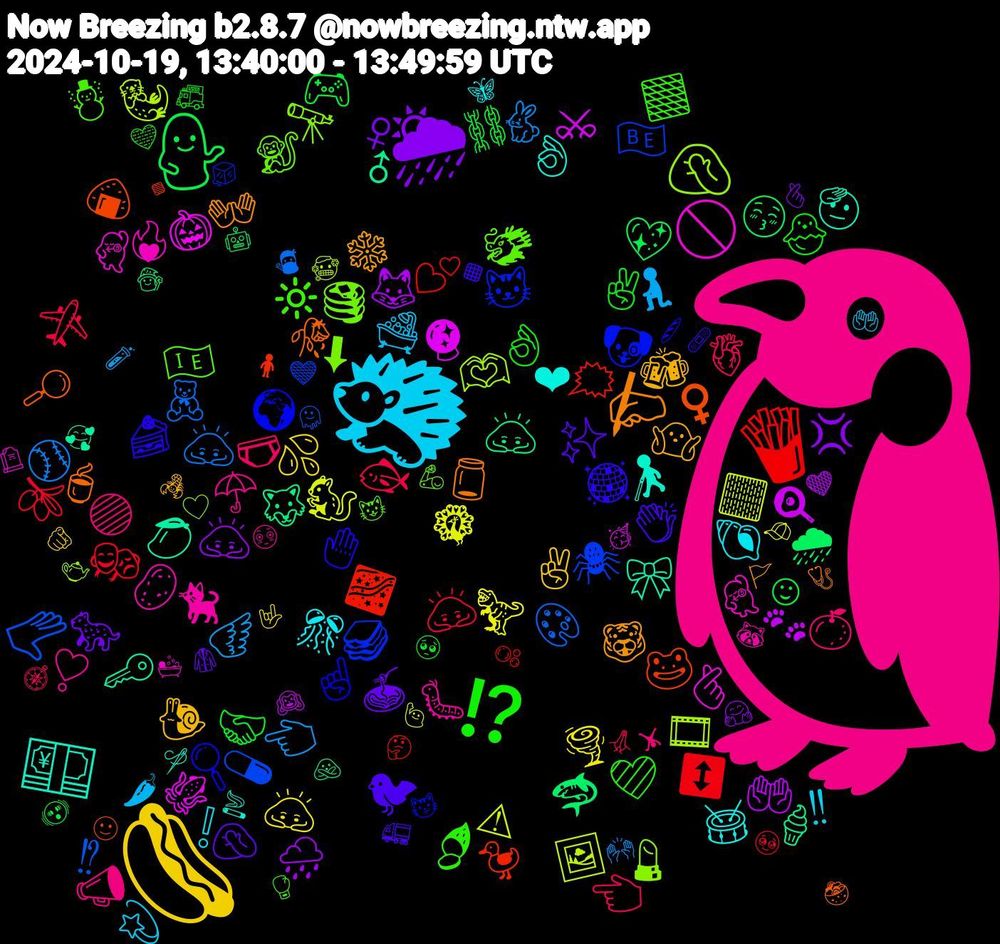 Emoji Cloud; its emojis (sorted by weighted frequency, descending):  🐧, 🦔, 🌭, 🌦, 💁, 🍟, 🫳, 🤦, 🚫, 💴, ✍, ▪️, ⁉️, 🫀, 🪽, 🦚, 🤲🏻, 🙇‍♂️, 🔹, 🐱, 🐒, 🐈‍⬛, 🎊, 🍻, 🍝, ⛓️, 🫒, 🧸, 🦦, 🦑, 🥭, 🥀, 🤚🏻, 🟫, 🟣, 🛁, 🙇‍♀️, 🙇, 😚, 🗯️, 🕷️, 🔭, 💃, 👌🏾, 🐯, 🐦‍⬛, 🐣, 🐟, 🐇, 🏻, 🍳, 🍦, 🍙, 🌍, 🇮🇪, ❣️, ❕, ✌🏻, ♀, ☺, ↕️, ⁉, 🫶, 🫰, 🫡, 🫙, 🪩, 🩷, 🩲, 🧎🏻‍♀️, 🦖, 🦊, 🦈, 🦆, 🥪, 🥞, 🥔, 🥁, 🤷🏻, 🤦🏻‍♀️, 🤝, 🙇🏻‍♀️, 🙇🏻, 🖼️, 🔮, 🔑, 🔎, 🔍, 🔆, 📣, 💫, 💦, 💢, 💖, 💕, 💊, 💄, 💃🏻, 👩🏻‍🦯, 👐, 👏🏿, 👌🏼, 👈🏻, 👈, 🐿️, 🐾, 🐺, 🐸, 🐶, 🐲, 🐛, 🐚, 🐌, 🐆, 🎮, 🎭, 🎨, 🎞️, 🎃, 🎀, 🍵, 🍰, 🍠, 🍊, 🌶, 🌪️, 🌧️, 🌧, 🌌, 🇧🇪, ⬇, ❤️‍🔥, ❤, ❄️, ✨, ✌, ✈️, ⚾, ⚠, ⚔, ♂, ♀️, ☝, ☃️, ☂️, ‼, 🫵🏻, 🫰🏻, 🫨, 🫧, 🫠, 🫖, 🪦, 🪡, 🩺, 🩹, 🩵, 🧭, 🧪, 🧢, 🧡, 🧙‍♂️, 🧍‍♀️, 🧊, 🦾, 🦝, 🦋, 🦂, 🥼, 🥺, 🥹, 🥷, 🥶, 🥳, 🥰, 🥙, 🥖, 🥊, 🤸🏻, 🤲, 🤟, 🤗, 🤖, 🤔, 🤎, 🤍, 🛀, 🚬, 🚩, 🚛, 🚒, 🙏, 🙌🏿, 🙋, 🙉, 🙅, 🙂, 😼, 😺, 😳
