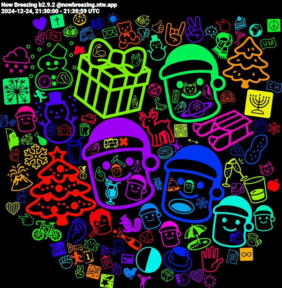 Emoji Cloud; its emojis (sorted by weighted frequency, descending):  🎅🏻, 🎅, 🎄, 🤶, 🎁, 🛷, 🎅🏼, 🌲, ☃️, ☃, 🦌, 🧑‍🎄, 🥂, 🎅🏽, ⛄, 🧸, 🥤, 🏖️, 🎅🏾, 🍹, ❄️, 🪐, 🧣, 🧑‍🎤, 🥜, 🥃, 🤶🏾, 🤶🏻, 🤘🏻, 🤌🏾, 🚲, 🖐🏻, 🕳️, 🕎, 🐿, 🎇, 🍾, 🍮, 🌬, 🌨️, 🌗, 🌋, ✌🏾, 🪵, 🪨, 🪢, 🩻, 🧼, 🧑🏼‍🎄, 🧑🏻‍🎄, 🦷, 🦕, 🥸, 🥯, 🥈, 🤸🏾‍♀️, 🤷🏽‍♀️, 🤷🏻‍♂️, 🤦🏾‍♀️, 🤦🏻, 🤌🏼, 🤌🏻, 🛏️, 🛌, 🚦, 🚙, 🚒, 🚌, 🙏🏽, 🙋‍♀️, 🙉, 🙆🏾‍♀️, 😼, 😺, 😶‍🌫️, 🗓, 🖼, 🖖, 🕸️, 🕸, 🕯️, 🕗, 🔨, 🔔, 📬, 📦, 📋, 📄, 💪🏾, 💚, 💌, 💃🏼, 💃🏻, 👨‍🍳, 👠, 👎🏾, 👍🏻, 👌🏽, 👈🏻, 👈, 🐦‍⬛, 🐠, 🏋️‍♂️, 🏃‍♂️, 🏃‍♀️, 🎼, 🍻, 🍸, 🍰, 🍪, 🍤, 🍗, 🍎, 🌬️, 🌠, 🌟, 🌍, 🌌, 🌃, 🇺🇲, 🇩🇰, 🇨🇭, ❤️, ❄, ✝️, ✖, ✌🏽, ✌🏼, ✌🏻, ✊🏻, ♾️, ♥️, ☮️, ☁, ☀, ↔