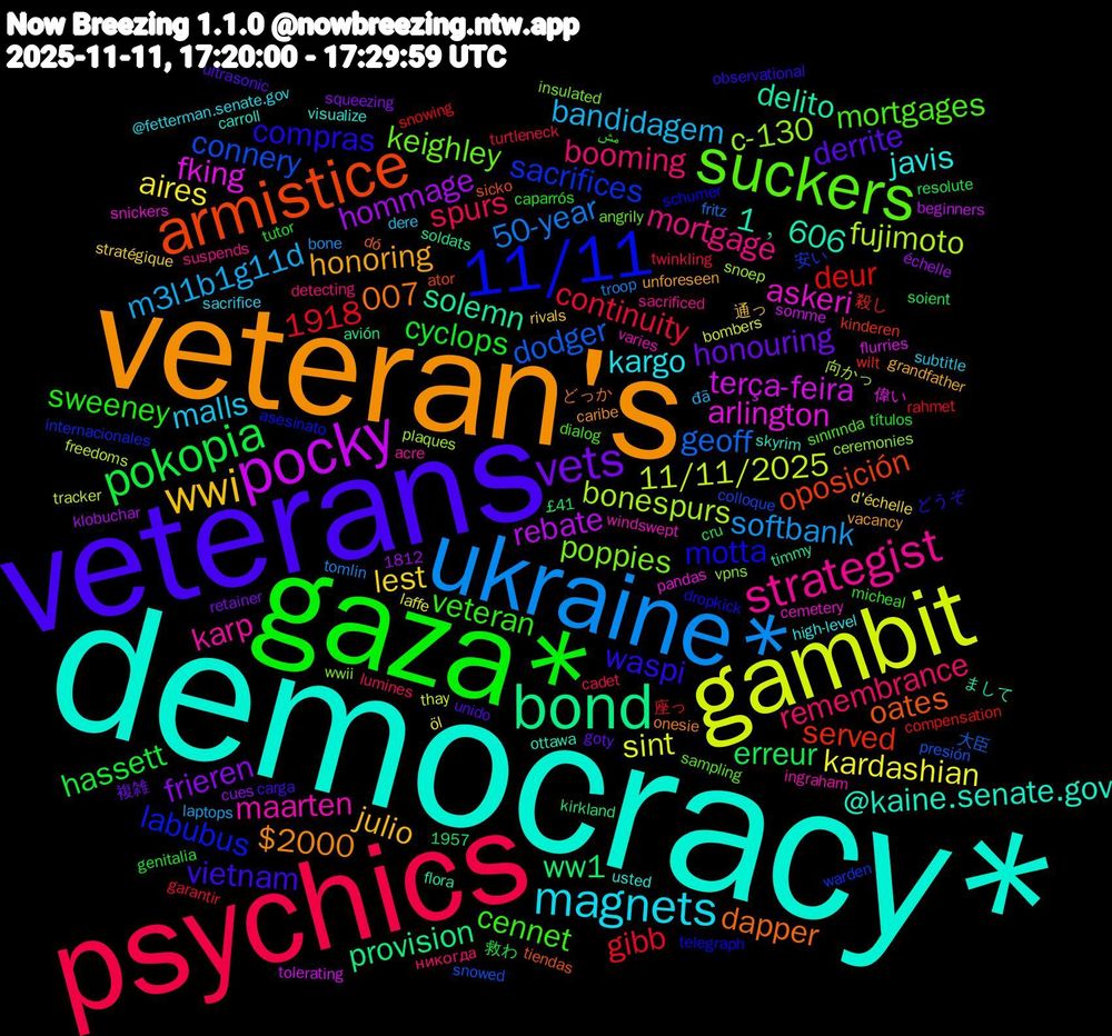 Word Cloud; its top words (sorted by weighted frequency, descending):  democracy*, veteran's, veterans, gaza*, psychics, ukraine*, gambit, pocky, bond, armistice, 11/11, suckers, strategist, magnets, wwi, vets, pokopia, dodger, bonespurs, arlington, 1﹐606, 007, waspi, veteran, remembrance, m3l1b1g11d, kardashian, hommage, ww1, served, sacrifices, poppies, maarten, javis, honoring, derrite, cyclops, continuity, 50-year, 11/11/2025, terça-feira, solemn, oates, motta, mortgages, mortgage, malls, lest, frieren, erreur, deur, connery, c-130, askeri, @kaine.senate.gov, 1918, $2000, vietnam, sweeney, spurs, softbank, sint, rebate, provision, oposición, labubus, keighley, karp, kargo, julio, honouring, hassett, gibb, geoff, fujimoto, fking, delito, dapper, compras, cennet, booming, bandidagem, aires, 殺し, 安い, wwii, windswept, visualize, vacancy, unido, tutor, turtleneck, tomlin, thay, somme, soldats, sicko, schumer, sampling, sacrificed, sacrifice, rivals, retainer, resolute, rahmet, presión, plaques, pandas, ottawa, onesie, observational, micheal, lumines, laptops, laffe, klobuchar, kirkland, kinderen, internacionales, insulated, ingraham, high-level, grandfather, goty, genitalia, garantir, fritz, freedoms, flurries, flora, dó, dropkick, dialog, detecting, dere, d'échelle, cues, cru, compensation, colloque, ceremonies, cemetery, carroll, caribe, carga, caparrós, cadet, bone, bombers, beginners, avión, ator, asesinato, angrily, acre, @fetterman.senate.gov, 1957, 1812, 通っ, 複雑, 救わ, 座っ, 大臣, 向かっ, 偉い, まして, どっか, どうぞ, مش, никогда, đã, öl, échelle, £41, wilt, warden, vpns, varies, usted, unforeseen, ultrasonic, títulos, twinkling, troop, tracker, tolerating, timmy, tiendas, telegraph, sınırında, suspends, subtitle, stratégique, squeezing, soient, snowing, snowed, snoep, snickers, skyrim