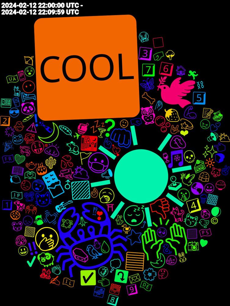 Emoji Cloud; its emojis (sorted by weighted frequency, descending):  ☀, 🆒, 🦀, 🙌🏼, 🕊, 🍫, 🫢, 😷, 😴, 👎, 👊🏽, 🌙, 🦉, 🟪, 🟦, 🎵, ❓, 🫧, 🦜, 🥱, 🤦‍♂️, 🕹️, 💤, 🐱, 🐏, 🐈, 🎸, 🍓, 🌥️, 🌛, 🌃, ⭐, ✅, ⚰️, 🪶, 🦴, 🦋, 🤫, 🤑, 🛌, 🚩, 🙇, 😽, 😶, 😨, 🕊️, 🔫, 💭, 💫, 💪, 💧, 💦, 💓, 💀, 🐼, 🐀, 🎂, 🍾, 🍰, 🍯, 🌸, 🌵, 🌎, ⤵️, ❣, ❗, ✨, ⚠, ♂, ☺, ‼️, 7️⃣, 6️⃣, 5️⃣, 4️⃣, 3️⃣, 🫶, 🫖, 🪼, 🧚, 🦐, 🦌, 🦆, 🥺, 🥷, 🥶, 🥛, 🥖, 🤧, 🤣, 🤟, 🤜🏻, 🤛🏻, 🤔, 🤌🏻, 🟩, 🟨, 🙏, 🙌🏻, 🙋‍♀️, 😵, 😱, 😭, 😤, 😞, 😖, 😓, 😎, 😃, 😀, 🔊, 🔆, 📽️, 📸, 📱, 📣, 📝, 📖, 💙, 💘, 💕, 💌, 👰🏻‍♂️, 👏, 👌🏾, 👈🏻, 👈, 🐺, 🐸, 🐰, 🐭, 🐤, 🐣, 🐍, 🐇, 🐄, 🏽, 🏹, 🏠, 🏃, 🎎, 🎉, 🍸, 🍷, 🍱, 🍪, 🍞, 🍜, 🍚, 🍋, 🌳, 🌟, 🌒, 🌅, 🌁, 🇺🇦, 🇵🇸, 🇯🇵, 🇮🇱, 🇫🇷, 🇩🇪, ⬜, ⤴, ❤, ❄, ✔️, ✍, ✌, ✈, ⛩, ⛓, ⛅, ⛄, ♥, ▪️, ⁉, ©, 9️⃣, 8️⃣, 2️⃣, 1️⃣