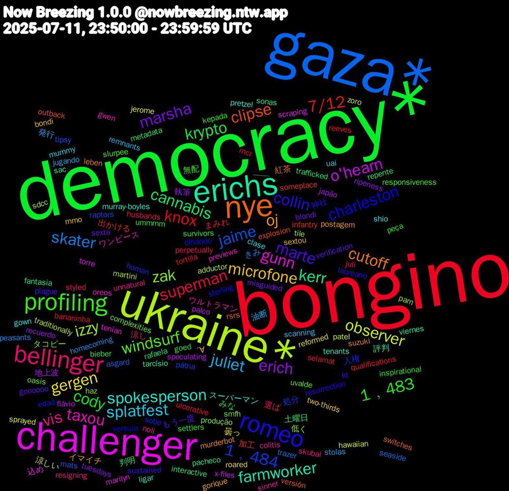 Word Cloud; its top words (sorted by weighted frequency, descending):  democracy*, bongino, gaza*, ukraine*, challenger, erichs, nye, romeo, profiling, bellinger, juliet, gergen, erich, cannabis, 7/12, 1﹐484, zak, taxou, spokesperson, oj, marte, cody, superman, skater, observer, o'hearn, kerr, clipse, charleston, windsurf, vis, splatfest, microfone, marsha, krypto, knox, jaime, izzy, gunn, farmworker, cutoff, collin, 1﹐483, 選ば, 発行, 涼しい, 地上波, 土曜日, 加工, 人権, タコピー, ウルトラマン, ——, ´∀, verification, ummmm, ulcerative, trazer, traditionally, torre, tarcísio, switches, sterling, slurpee, skubal, scanning, roared, ripeness, repente, reeves, raptors, pam, oreos, murray-boyles, murderbot, kt, inspirational, husbands, homecoming, hawaiian, flávio, fantasia, explosion, edad, complexities, colitis, clase, bondi, blondi, bieber, bananinha, asgard, adductor, 込め, 評判, 紅茶, 神社, 無配, 涼し, 油断, 曇っ, 執筆, 判明, 出かける, 処分, 低く, ワンピース, スーパーマン, イマイチ, もう一度, みな, まみれ, きみ, zoro, x-files, viernes, versión, ventura, uvalde, unnatural, uai, two-thirds, tuesdays, trafficked, tortilla, tipsy, tile, tenían, tenants, suzuki, sustained, survivors, styled, stolas, sprayed, speculating, sonas, someplace, sobe, smfh, sinner, shio, sextou, sexta, settlers, selamat, seaside, sdcc, scraping, sac, rsrs, resurrection, responsiveness, resigning, remnants, reformed, recuerdo, rafaela, qualifications, pátria, produção, previews, pretzel, postagem, plague, peça, perpetually, peasants, patel, palco, pacheco, outback, olhando, oasis, noli, mummy, mmo, misguided, metadata, mcr, mats, martini, marilyn, ligar, leben, laureano, kepada, juli, jugando, jerome, japão, interactive, infantry, homan, haz, gwen, gown, gorique, goooooo, goed