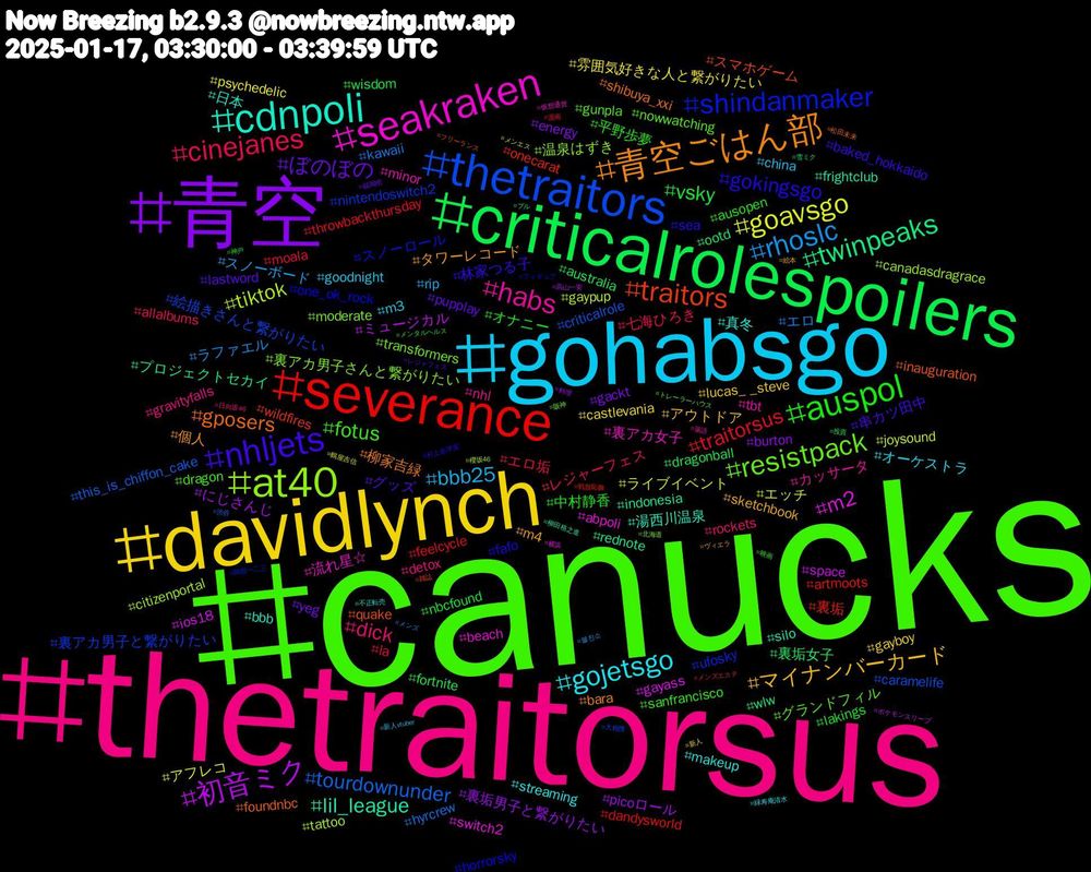 Hashtag Cloud; its hashtagged words/phrases (sorted by weighted frequency, descending):  canucks, thetraitorsus, gohabsgo, davidlynch, 青空, criticalrolespoilers, severance, thetraitors, at40, seakraken, cdnpoli, 青空ごはん部, nhljets, auspol, cinejanes, rhoslc, goavsgo, 初音ミク, twinpeaks, traitors, shindanmaker, resistpack, habs, gojetsgo, マイナンバーカード, ぼのぼの, vsky, traitorsus, tourdownunder, tiktok, m2, lil_league, gposers, gokingsgo, fotus, dick, bbb25, 雰囲気好きな人と繋がりたい, 裏垢男子と繋がりたい, 裏垢女子, 裏垢, 裏アカ男子と繋がりたい, 裏アカ男子さんと繋がりたい, 裏アカ女子, 真冬, タワーレコード, グッズ, オナニー, エロ垢, エロ, エッチ, space, rednote, quake, one_ok_rock, nowwatching, nhl, m3, lucas_+_steve, gackt, fortnite, feelcycle, criticalrole, citizenportal, abpoli, 湯西川温泉, 柳家吉緑, 林家つる子, 平野歩夢, レジャーフェス, スノーボード, アフレコ, にじさんじ, wlw, wildfires, ufosky, transformers, tbt, streaming, sketchbook, pupplay, nbcfound, moala, hyrcrew, gaypup, gayass, frightclub, foundnbc, fafo, dragon, detox, china, castlevania, burton, australia, artmoots, 絵描きさんと繋がりたい, 温泉はずき, 流れ星☆, 日本, 個人, 串カツ田中, 中村静香, 七海ひろき, ラファエル, ライブイベント, ミュージカル, プロジェクトセカイ, スマホゲーム, スノーロール, グランドフィル, カッサータ, オーケストラ, アウトドア, yeg, wisdom, throwbackthursday, this_is_chiffon_cake, tattoo, switch2, silo, shibuya_xxi, sea, sanfrancisco, rockets, rip, psychedelic, picoロール, ootd, onecarat, nintendoswitch2, moderate, minor, makeup, m4, lastword, lakings, la, kawaii, joysound, ios18, indonesia, inauguration, horrorsky, gunpla, gravityfalls, goodnight, gayboy, energy, dragonball, dandysworld, caramelife, canadasdragrace, beach, bbb, bara, baked_hokkaido, ausopen, allalbums, 블친소, 鶴屋吉信, 高山一実, 雪ミク, 雑誌, 阿部一二三, 阪神, 落語, 緑寿庵清水, 絵本, 福岡県, 神戸, 漫画, 渋谷, 櫻坂46, 横浜, 柳田格之進, 松田未来, 村上奈津実, 映画, 日向坂46, 新人vtuber, 新人, 料理, 投資, 戦肢恥舞, 大相撲, 北海道, 仮想通貨, 不正転売, ヴィエラ, レジャフェス, メンタルヘルス, メンズエステ, メンズ, メンエス, ポケモンスリープ, ブル, フリーランス, フィギュア, トレーラーハウス