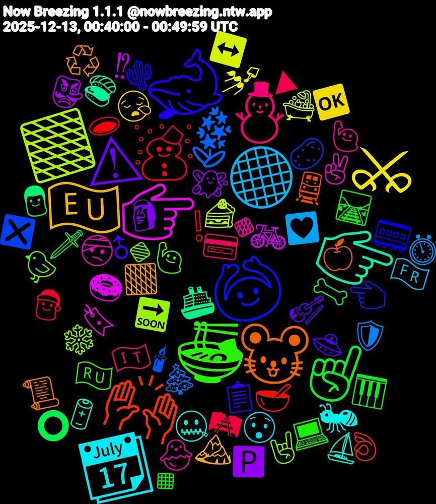 Emoji Cloud; its emojis (sorted by weighted frequency, descending):  🙌🏽, 🙆, 🔹, 🔸, 📆, 🇪🇺, ⚠, ☝, ☃, 🪻, 🟫, 👉🏾, 👉🏼, 🐭, 🐋, 🍜, ⛄, ⚫, ⚔, 🧚, 🦴, 🥣, 🥔, 🤘🏼, 🤕, 🤐, 🟧, 🛸, 🛤️, 🛤, 🛡️, 🛁, 🚲, 🚢, 🚆, 🚃, 🙋‍♂️, 🙋‍♀️, 😯, 😪, 🗿, 🗡️, 🕳️, 🕯, 🔜, 🔖, 🔋, 📜, 📋, 💻, 💳, 💟, 💅🏻, 👺, 👨, 👌🏻, 👈🏻, 🐤, 🐣, 🐜, 🏔️, 🎻, 🎹, 🎅, 🎄, 🍰, 🍩, 🍣, 🍏, 🌵, 🇷🇺, 🇮🇹, 🇫🇷, 🆗, 🅿️, ⭕, ❕, ❎, ❄️, ✌🏼, ⛵, ♻️, ♂, ◾, ▶, ⏱️, ↔️, ⁉