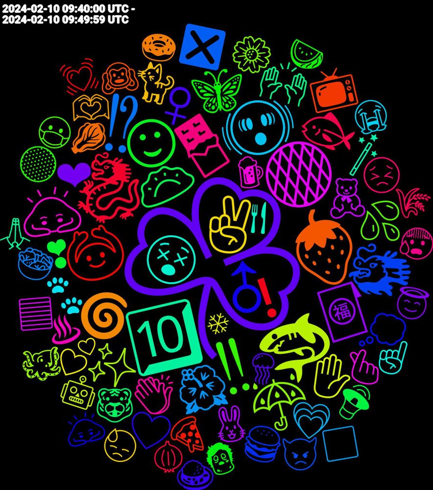 Emoji Cloud; its emojis (sorted by weighted frequency, descending):  ☘️, ☺, 🐉, ⁉, 🦈, 🟠, 🔟, 🍓, ♂, ‼, 🍫, 🫨, ✌, 🧧, 🥟, 🙆, 🐲, ☔, 🙇, 😵, 🌀, ♀, 🦋, 🐟, 🌺, ✋, 🧸, 🙌, 📺, 💭, 💦, 👏🏼, 🐾, 🐈, ❤, ❣, ❗, ❎, ✨, 🫰, 🪄, 🥬, 🤍, 🟡, 😣, 💗, 💕, 🐰, 🐯, 🍕, 🍔, 🌼, ♨, ☝, 🫶, 🪼, 🧟, 🧅, 🥗, 🤖, 🟦, 🙏, 🙉, 🙇🏻, 😷, 😰, 😭, 😓, 😇, 🔊, 💓, 👿, 🐙, 🍺, 🍴, 🍩, 🍛, 🍉, 🌾, ⬜, ❄, ✝, ✒, ⚠, ♥, ☀, 🫶🏻, 🫧, 🩵, 🧠, 🦲, 🦑, 🦌, 🥺, 🥹, 🥷, 🥳, 🤫, 🤧, 🤔, 🤏, 🟪, 🟥, 🚗, 🙏🏻, 🙌🏻, 🙋‍♀️, 🙊, 😸, 😯, 😢, 😌, 😋, 🕊, 🔔, 💪, 💨, 💧, 💤, 👹, 👏, 👅, 🐻, 🐓, 🎶, 🎵, 🎮, 🎍, 🎊, 🎀, 🍻, 🍲, 🍮, 🍣, 🍟, 🍜, 🍙, 🍋, 🌟, 🆖, ⬛, ❤️‍🩹, ⛪, ⛄, ⚖, 🫵, 🫰🏻, 🫣, 🫢, 🫚, 🫘, 🪓, 🪐, 🩸, 🩷, 🧡, 🦊, 🦇, 🥸, 🥲, 🥰, 🥛, 🥚, 🥕, 🥐, 🥈, 🥃, 🤪, 🤦🏼‍♀️, 🤦🏻, 🤦, 🤤, 🤣, 🤞🏻, 🤝🏻, 🤗, 🟩, 🚩, 🙋‍♂️, 🙋, 😿, 😺, 😶, 😳, 😮‍💨, 😮, 😫, 😪, 😨, 😟, 😞, 😚, 😊, 😆, 😅, 😃, 😂, 😀, 🔥, 🔘